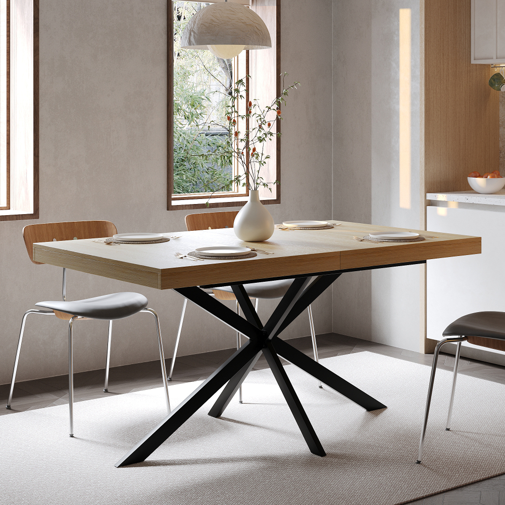 Extendable Dining Table 140-180 Cm | Hidden Drawer Top | Black Metal |table Top | Glides On Precision Rails | For 4-6 People | Ideal For Dining Room, Kitchen, Living Area