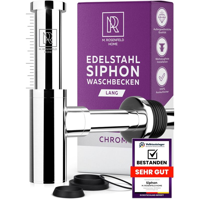 Image of Design Washbasin Siphon 1 1/4 Inch Stainless Steel - Extra Long Adjustable Tube Siphon 130-230 Mm With 330 Pipe, Cleaning Opening & Odor Trap, Modern Bathroom Accessories - M. Rosenfeld Home