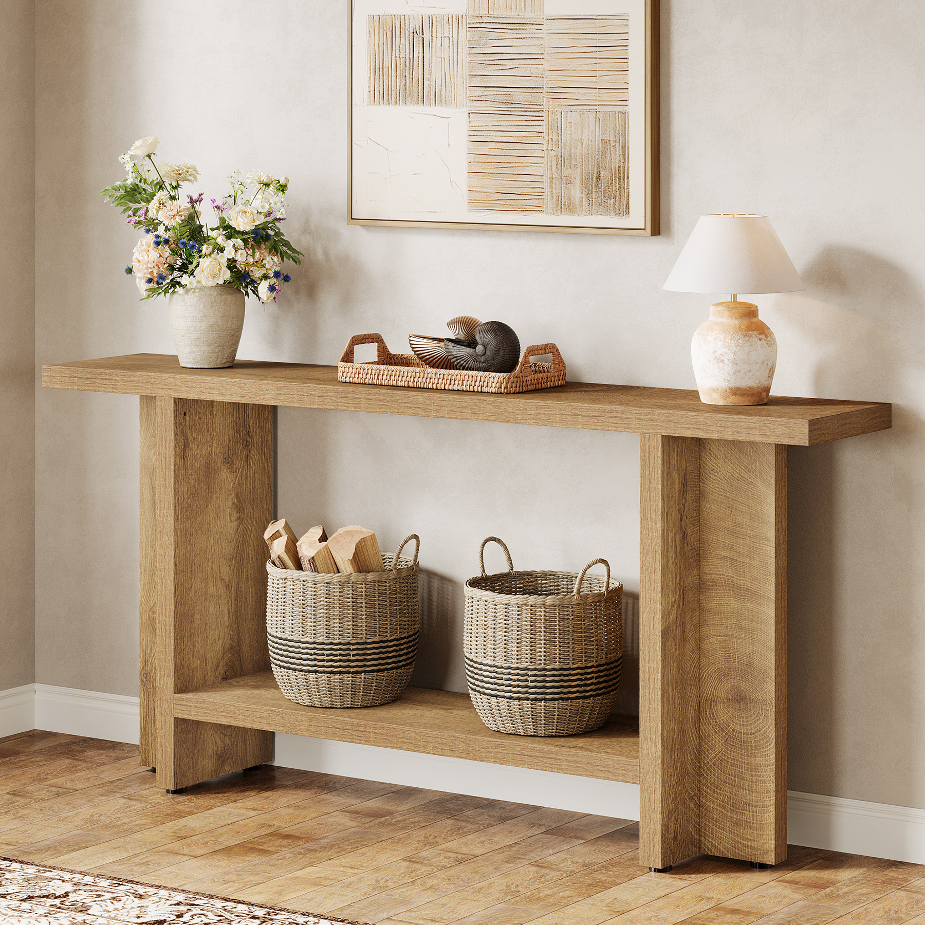 150cm Narrow Console Table With Shelf, Long Hallway Sofa Table For Behind Couch Living Room Entryway, Easy Assembly In Light Oak Brown.