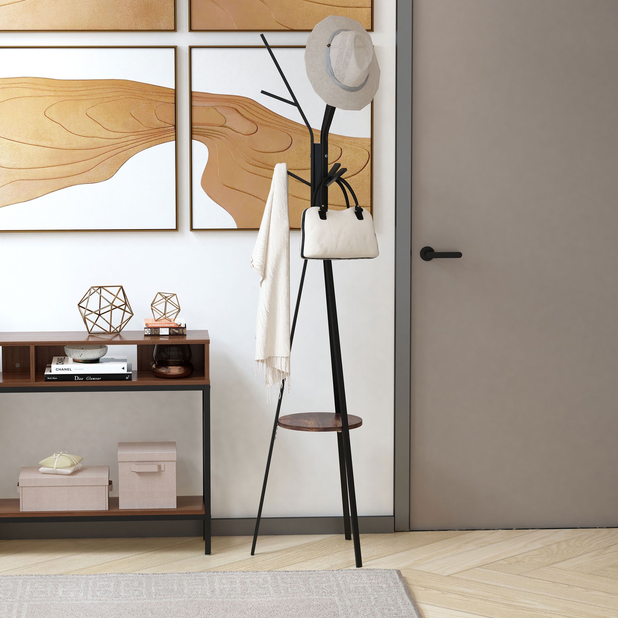 Clothes Rack, Garment Rack With 8 Hooks, Coat Stand With Shelf, Freestanding Wardrobe For Clothes, Hats, Bags, Metal, Brown, 45 X 45 X 180 Cm