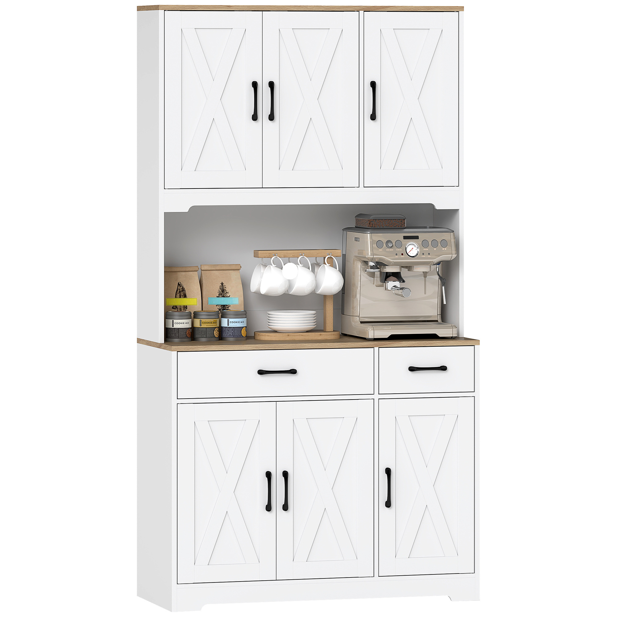 TEMU HOMCOM Alacena de Cocina Mueble Auxiliar de Cocina con 6 Puertas Encimera para Microondas 2 Cajones Estantes Ajustables Orificio para Cable