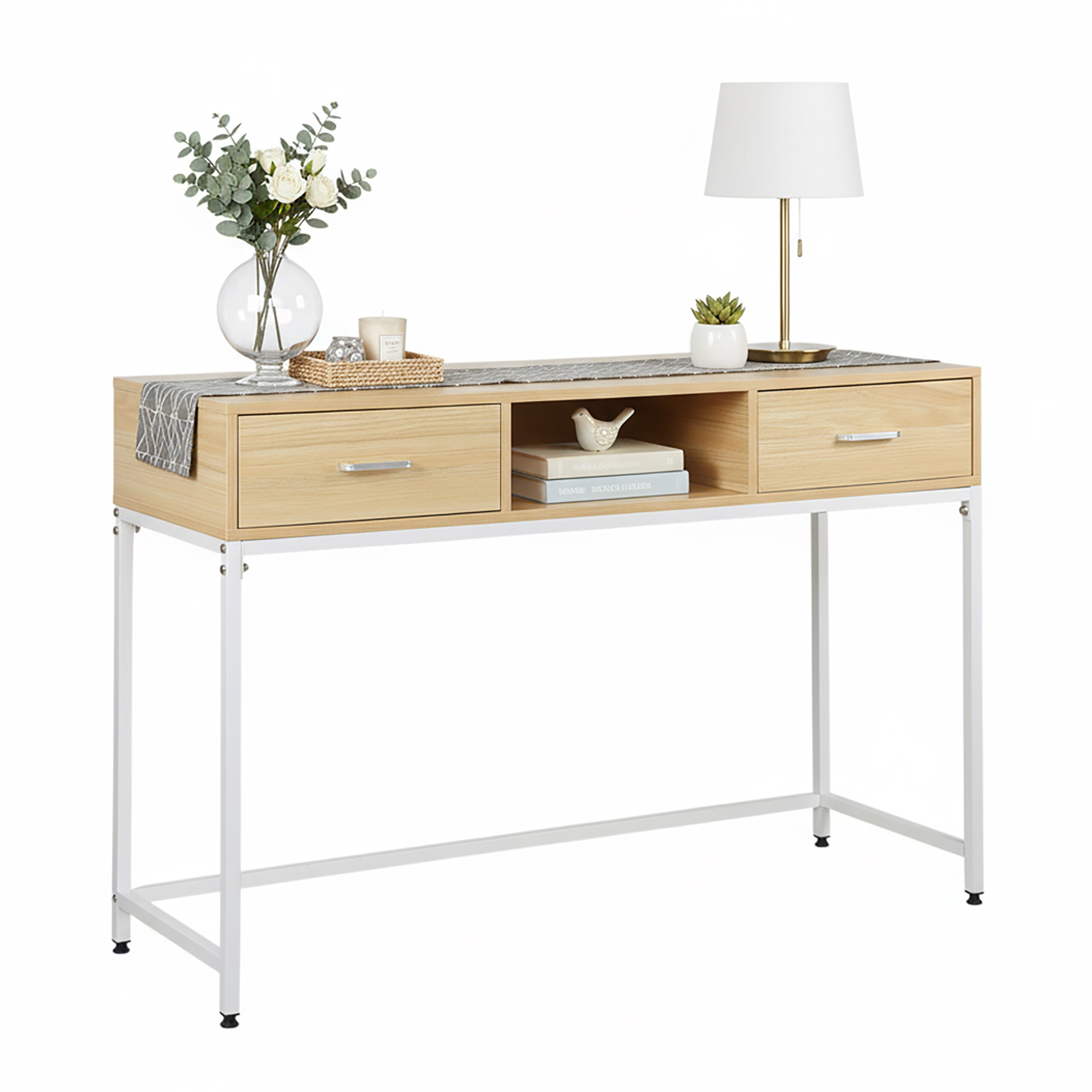 TEMU Mesa consola, 2 compartimentos, 80 x 120 x 40 cm, MDF y hierro, marrón -, dos cajones, estante abierto, estilo , para recibidor, salón,