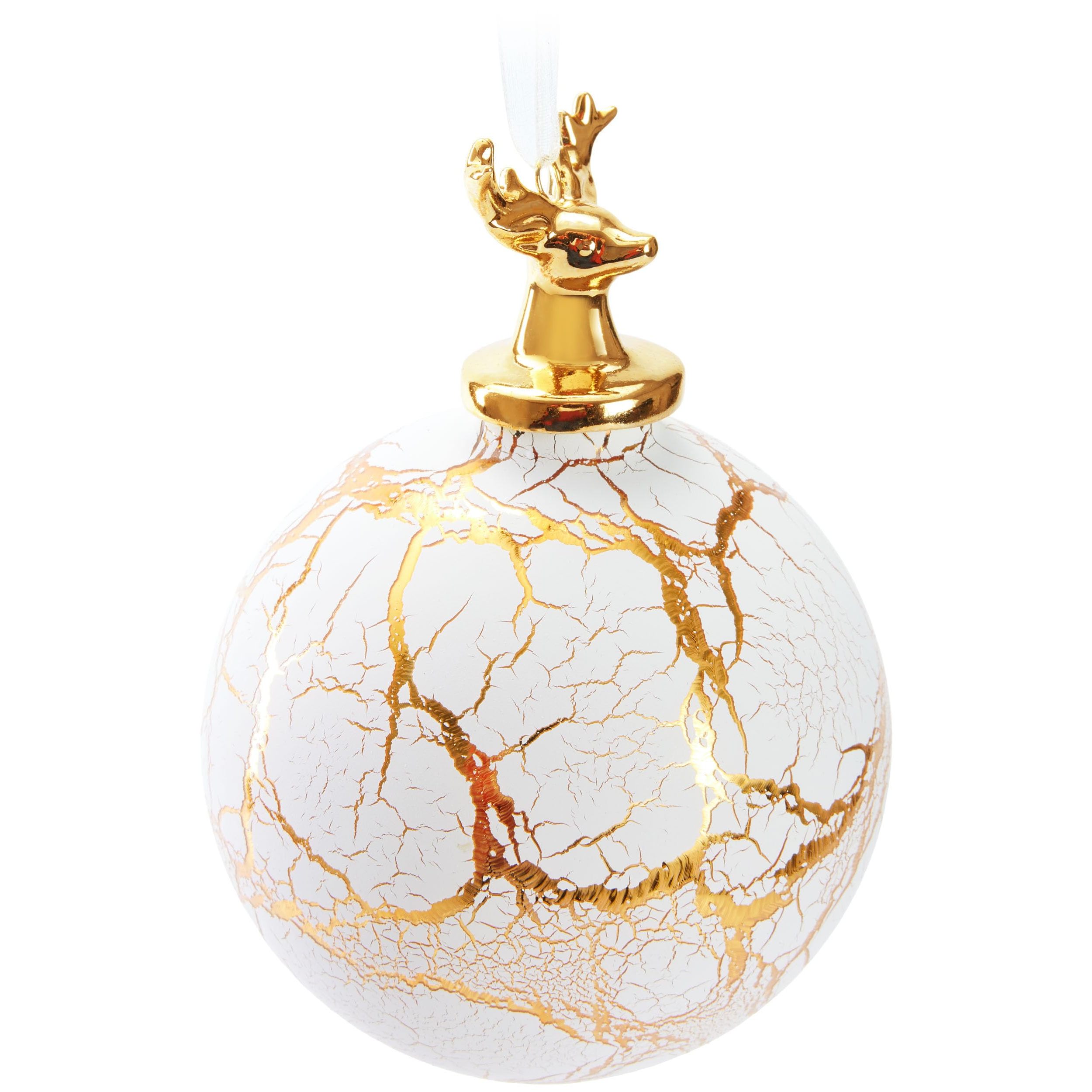 Image of Brubaker Premium Christmas Ornament Deer On Marble Ball White Gold - 10 Cm Ornament With Porcelain Deer Head Figure - Marble-look Christmas Tree Ball - Christmas Decoration