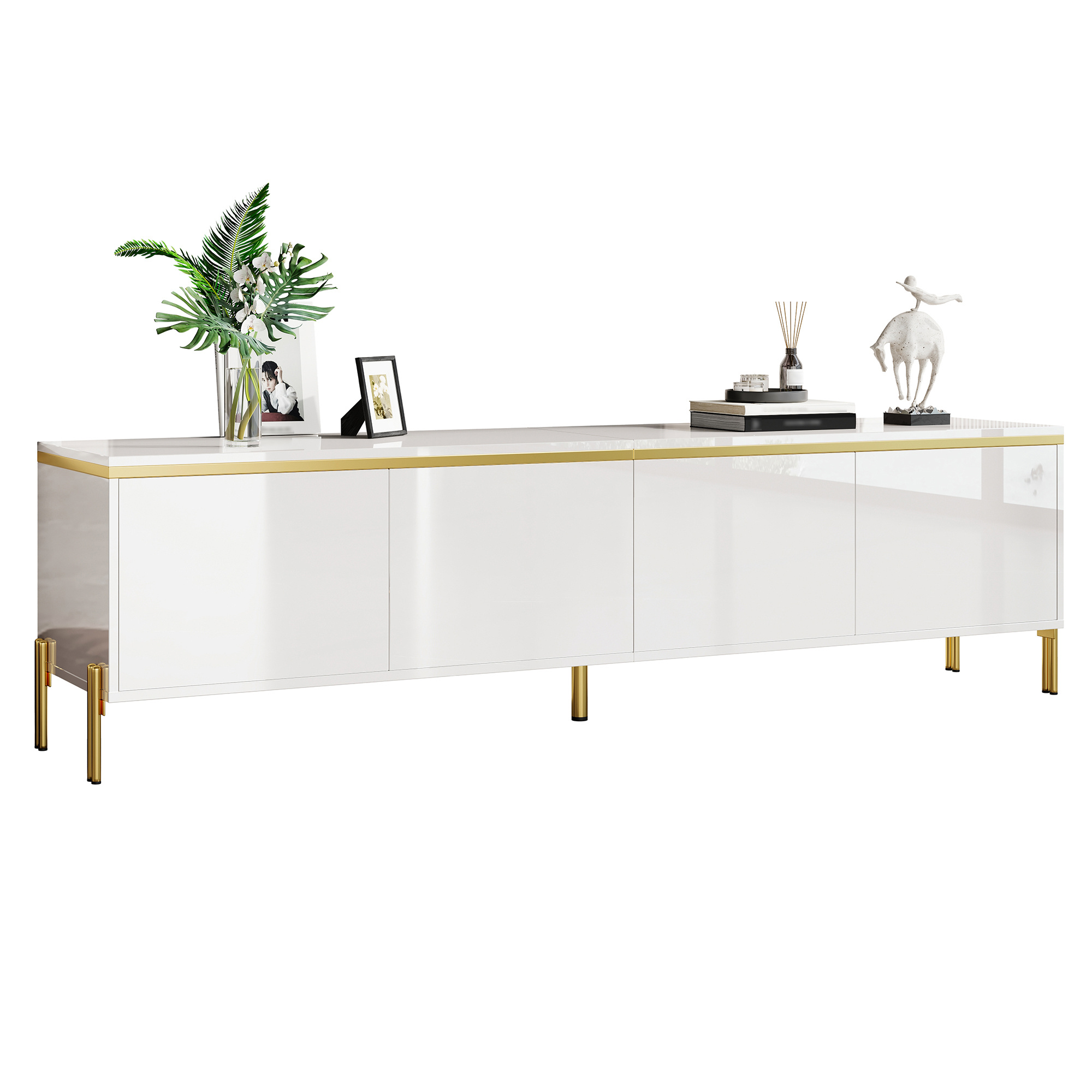 Image of Modern, High-gloss Tv Stand, 4 Cabinet Doors, Cable Interface, Gold Edge Banding, Tv Stand With Storage Space For The Living Room
