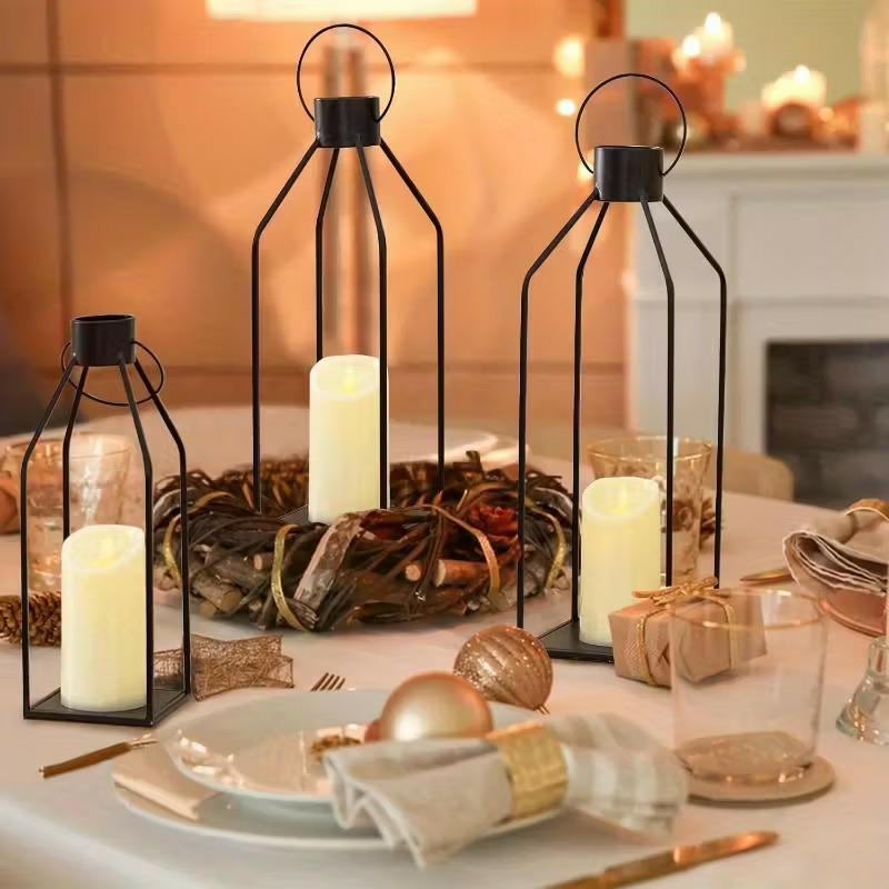 TEMU Set Of 3 Black Metal Candle Lantern Decor, Lantern Decor, Minimalist Style Decorative Hanging Candle Lanterns, Rustic Portable Pillar Candle