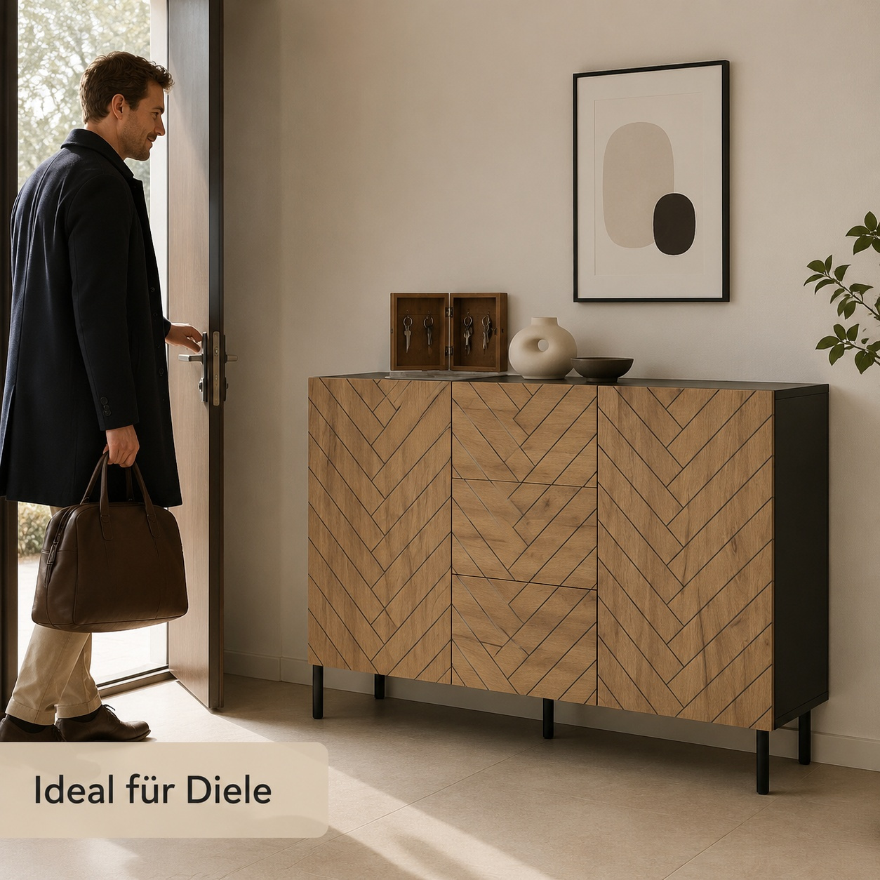Image of 120×40×76cm Nordic Sideboard With Herringbone Pattern, Wood-look Storage Cabinet With 3 Drawers And 2 Doors, Dresser For Living Room, Hallway, Office