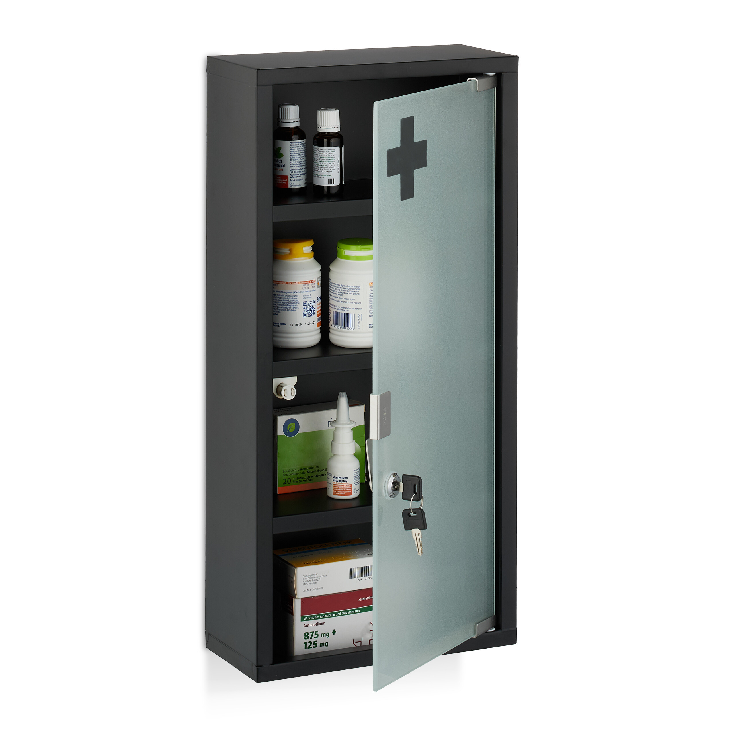 TEMU Armoire à pharmacie verrouillable, 4 compartiments, 57 x 27 x 12 cm, acier avec porte en verre dépoli, noire, matériel de fixation murale , pour