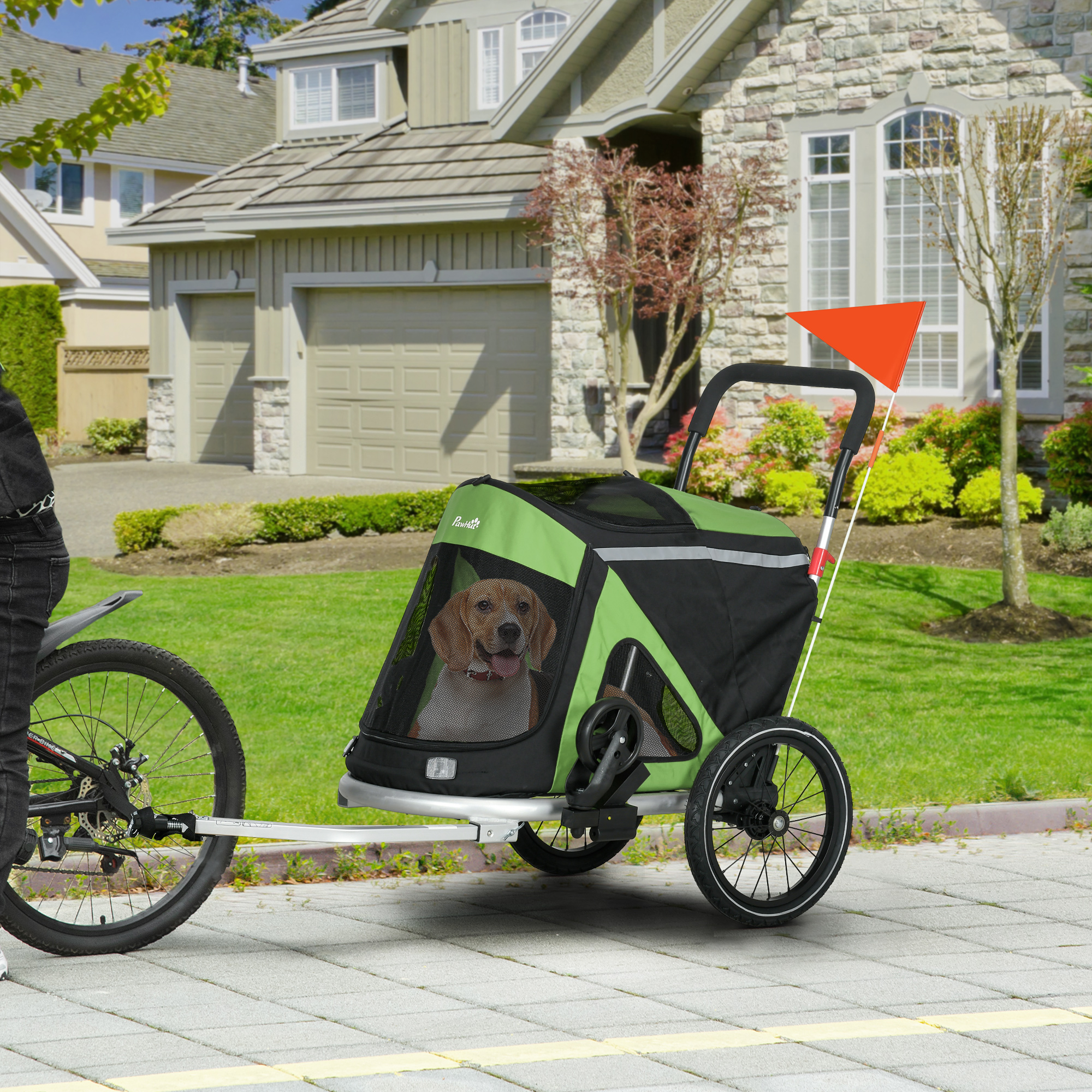 Image of 2-in-1 Bicycle Trailer For Dogs Dog Stroller With , Dog Cart With Reflectors For Medium Dogs Up To 20 Kg, Oxford Fabric, Aluminum Green