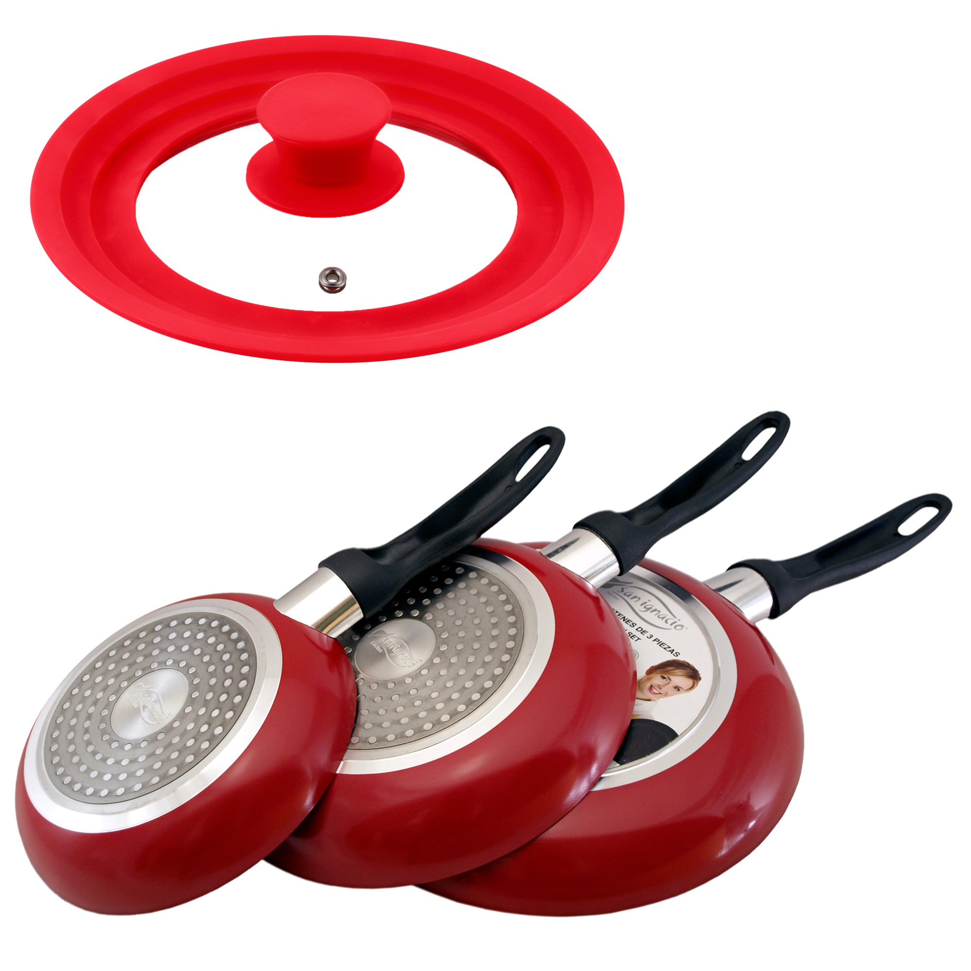 Image of San " Set Of 3 Marble-coated Frying Pans, Ø16 Cm, Ø20 Cm, Ø24 Cm + Universal Glass Lid
