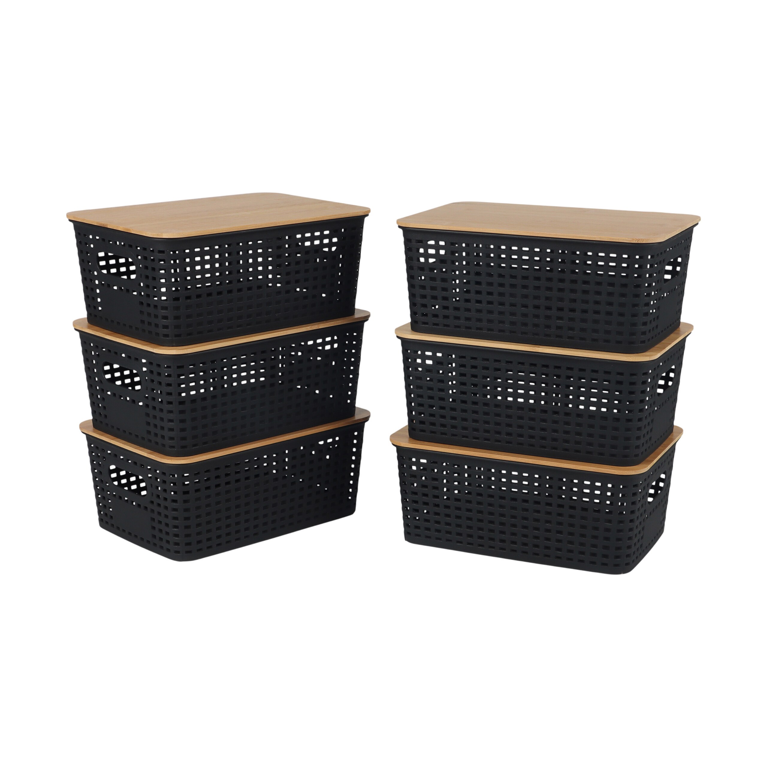 TEMU Aufbewahrungsbox schwarz, 6er Set, mit Bambusdeckel, Kunststoff, Griffaussparungen, stapelbar, 10.5 x 25.5 x 18 cm, für Bad, Wohn-, Schlaf-,