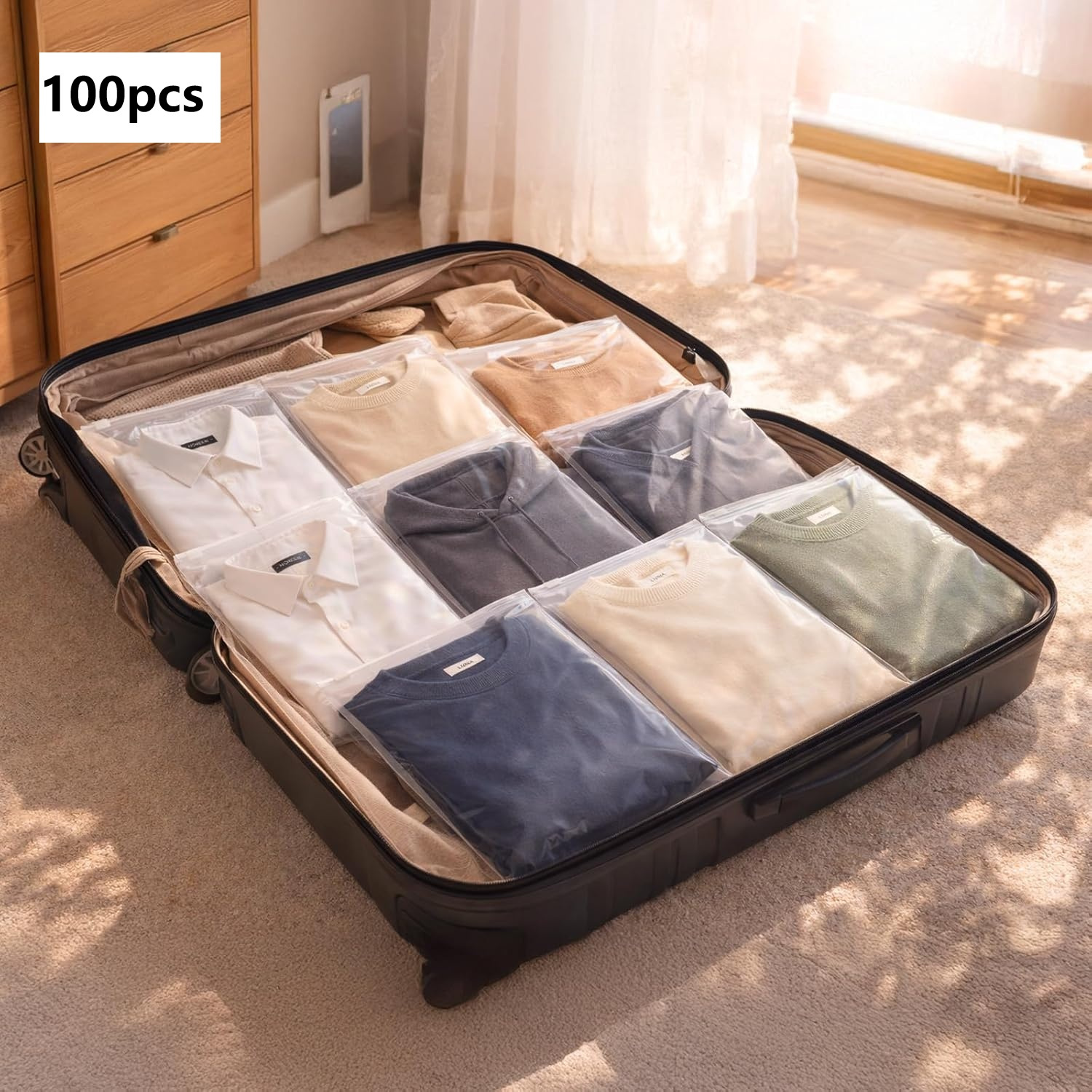 TEMU 100pcs Breathable Frosted Zipper Garment Bags Clear Ventilated Plastic Packaging For Laundry And Travel