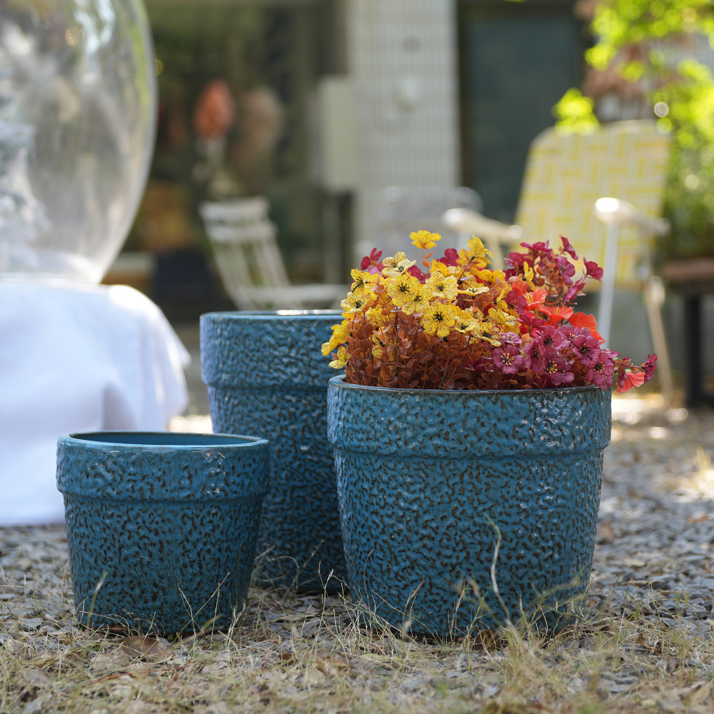 Image of 3-piece Antique Blue Glossy Ceramic Plant Pot With Integrated Drainage Hole, Frost-proof And Heat-resistant, For Healthy , Versatile For Flowers, Herbs, And