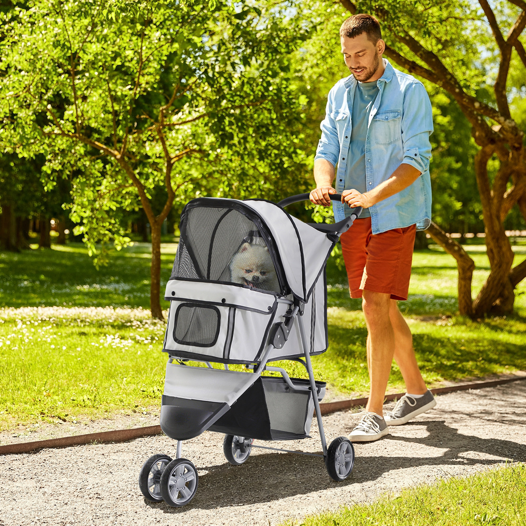 Foldable Dog Stroller For Up To 10 Kg - Cat Stroller With Cushion, Mesh Windows, Cup Holder, Storage Bag - Gray Pet Stroller