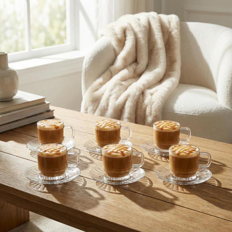 TEMU Glass Cups Glasmark 1992 Set Of 6pcs 240ml With Transparent Saucers, Elegant, For Coffee, Tea, Latte, Cappuccino, Espresso, Hot And Cold Drinks,