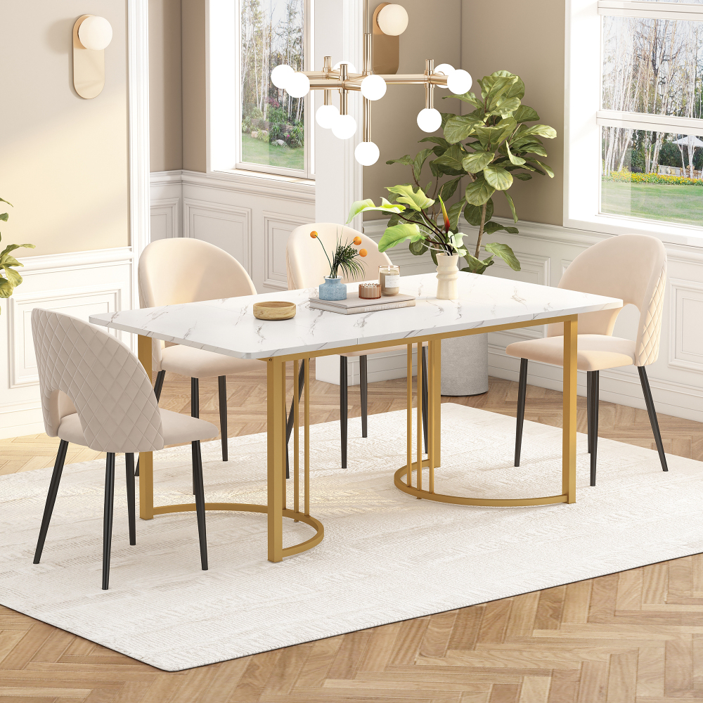 140 X 80cm Dining Table, (1-piece), Modern Kitchen Table, Metal Frame, Rectangular Dining Table With Modern Marble Pattern And Adjustable Feet For Dining Room, Living Room, White/gold