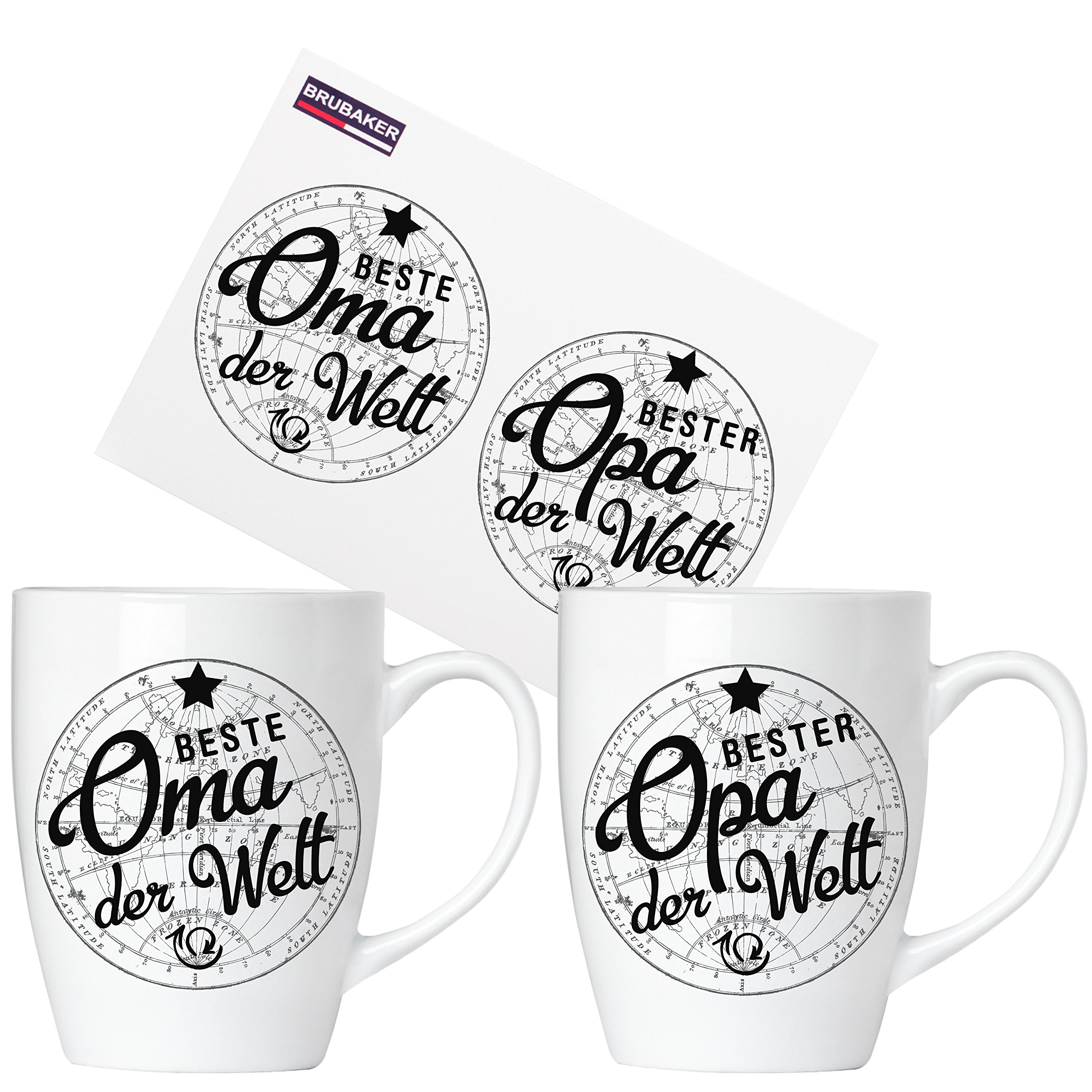 Image of Brubaker Best Grandma & Best Grandpa In The World Ceramic Mug Set - 2 Coffee Cups 300 Ml - Coffee Mugs With Greeting Card And Gift Packaging