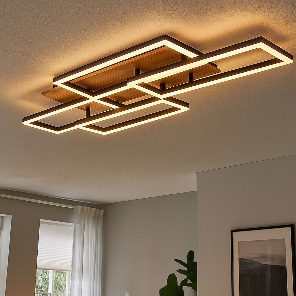 Image of Led Ceiling Light With Remote Control, Dimmable Living Room Lamp, Wood Look, Cct Timer, Black Metal, 40w 2700lm Warm-white To Cool-white, Lxwxh 87.5x32.5x7.5cm, Model 67359-40