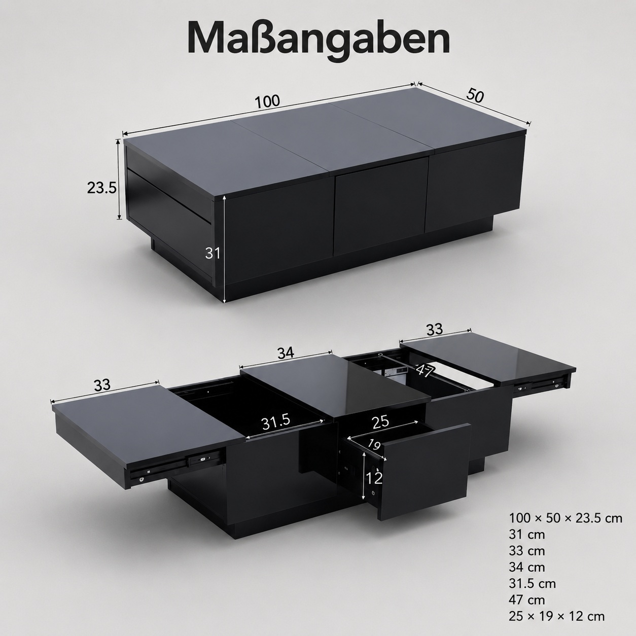 Image of Modern Minimalist Black High-gloss Coffee Table With Pull-out Compartments And Hidden Storage Space, Living Room Table For Modern Furniture
