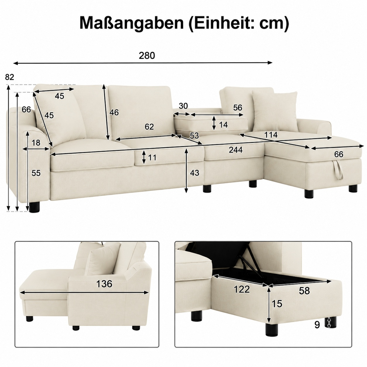 L-shaped 4-seater Corner Sofa With Soft Chenille Cover, Chaise Longue With Flip-up Storage, Folding Backrest With Cup Holders, Shape-retaining Thick Cushions For Cozy Modern Living Rooms
