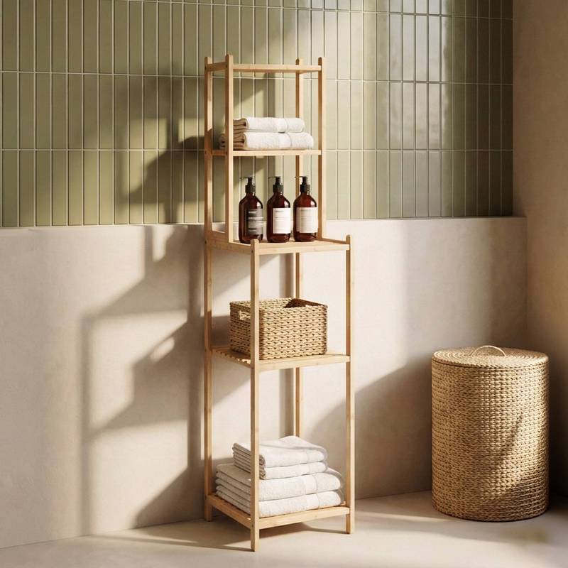 Bathroom Shelf 128 X 30 X 30 Cm Freestanding Shelf With 4 Open Compartments, Natural Bamboo