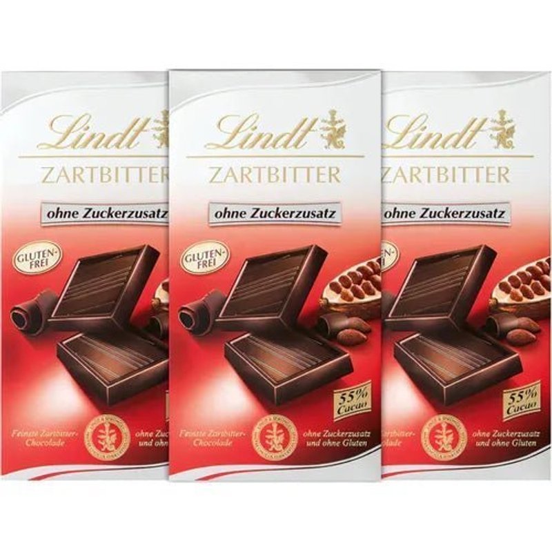 Image of Lindt Dark Chocolate Without Added Sugar, 3 X 100g