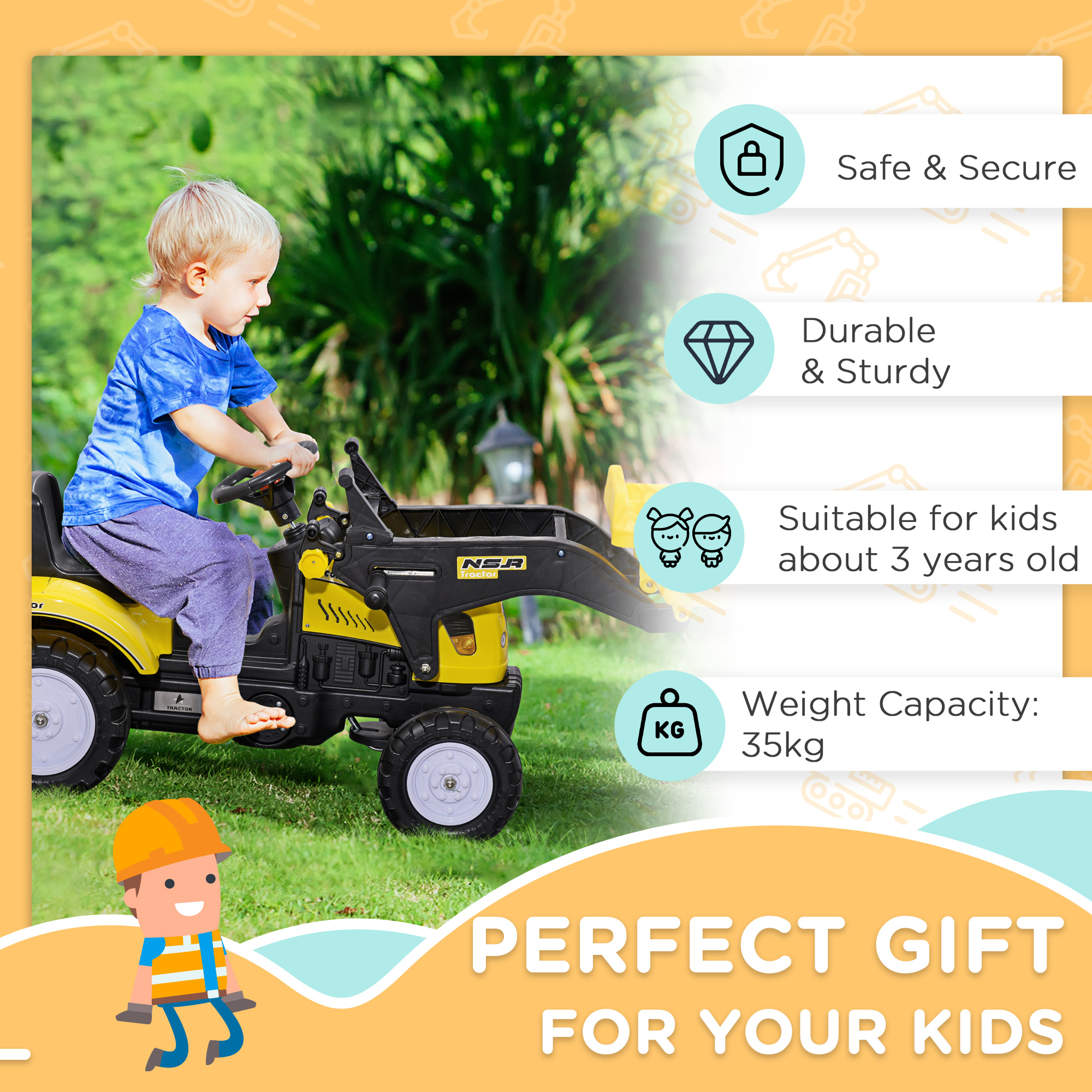 Pedal Go Kart Ride-On Excavator with Front Loader for Kids