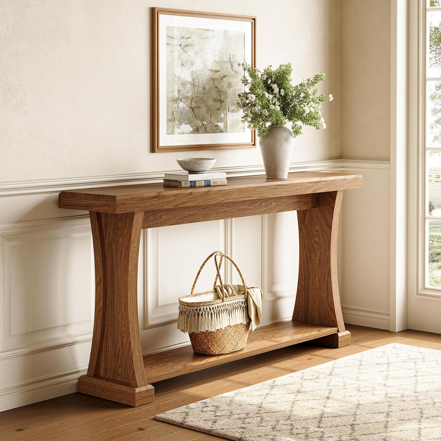 Image of Console Table, 63 Inches, Slim, Wooden, With 2 Tiers And Storage Shelves, Ideal As A Table Behind The Sofa Or For Entryway, Living Room, And Hallway, Space- Design