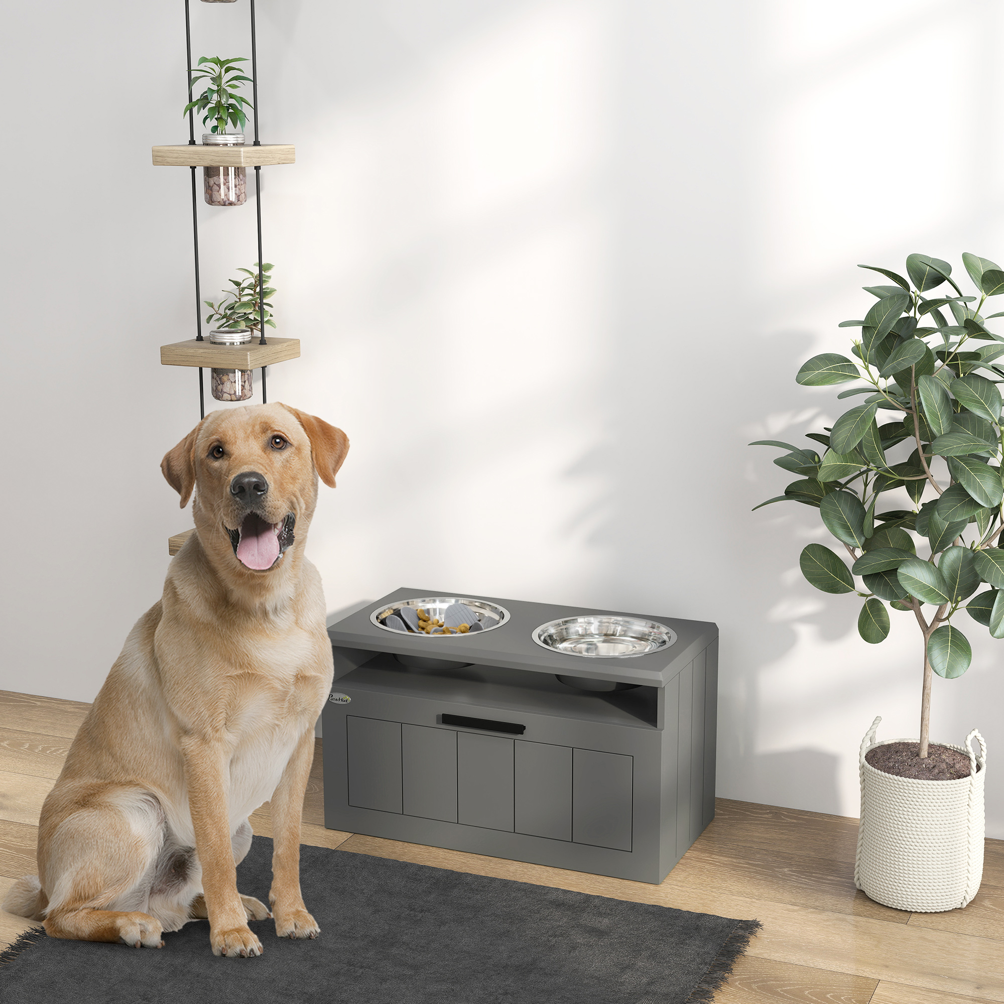 Elevated Dog Bowl Feeding Bowl With Stand Water Bowl 2 X 2l Stainless Steel Bowls Feeding Station With Mat Dog Bowls With 25l Storage Space, For Large And Extra Large Dogs, Gray.