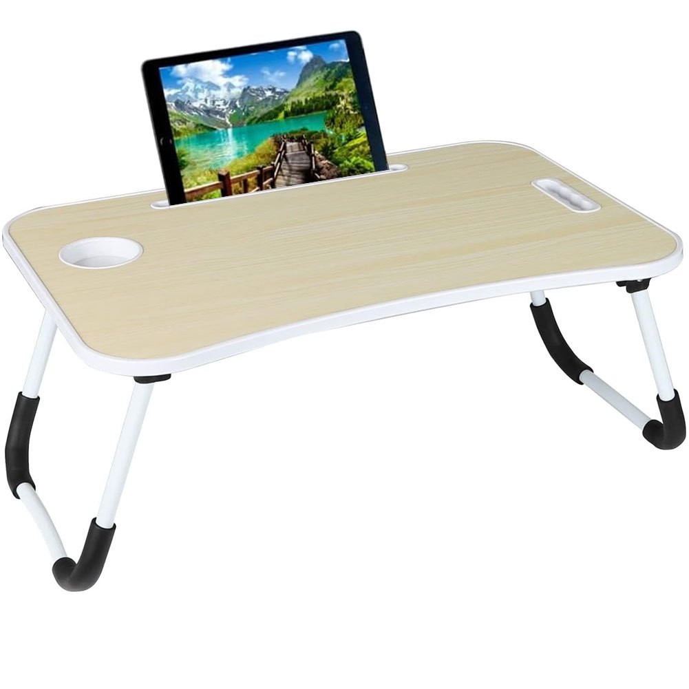 TEMU Bakaji Bedside Table, Sofa Breakfast Tray, Table For Tablet, Notebook, Pc, Foldable Metal Frame, Ash Wood Flat Lectern, Dimensions 60 X 40 X ,
