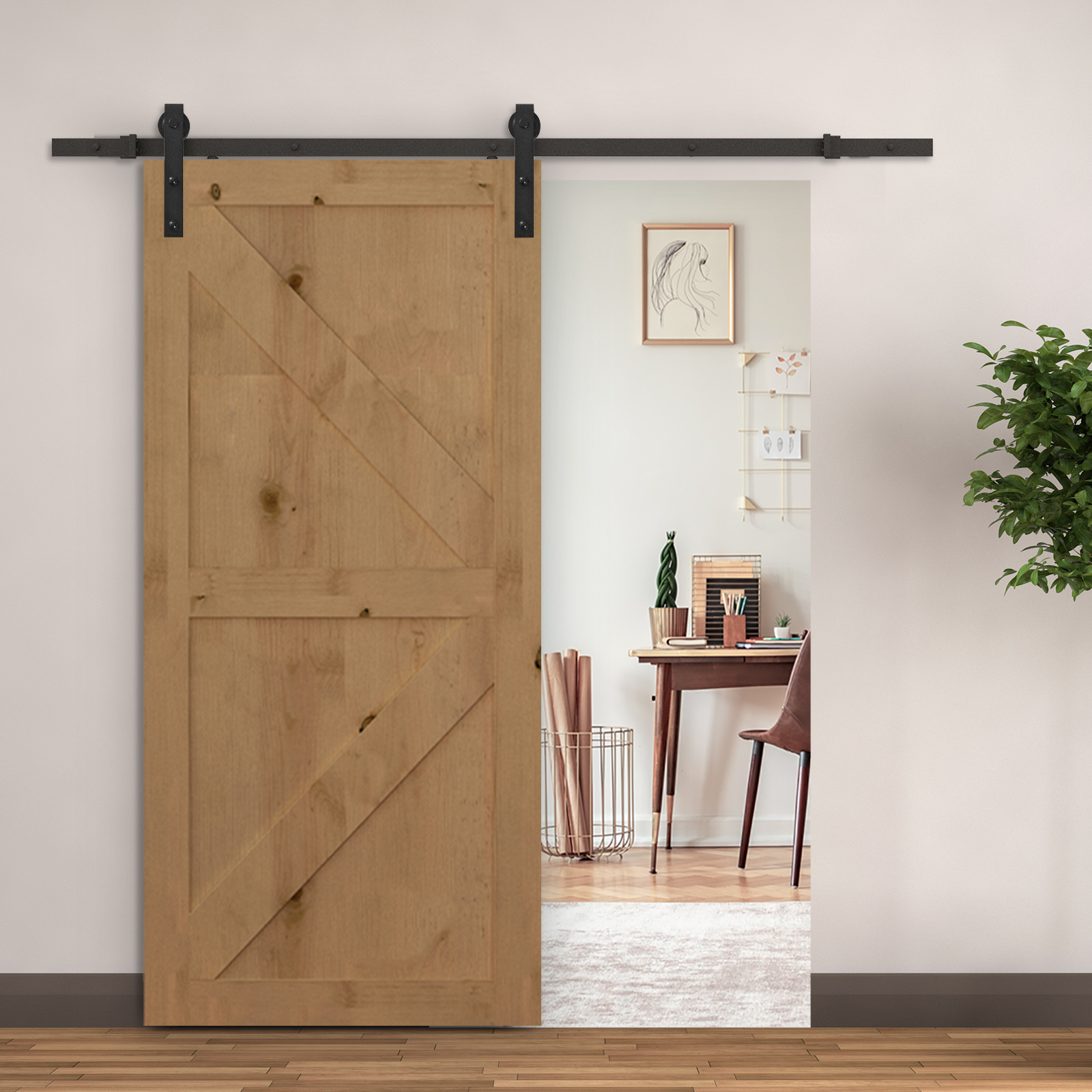 Image of Homcom Sliding Door Hardware Kit 200 Cm Complete Set With Tracks, Rollers, Track Stoppers, Floor Block, Set Of Door Screws, Sliding In Steel