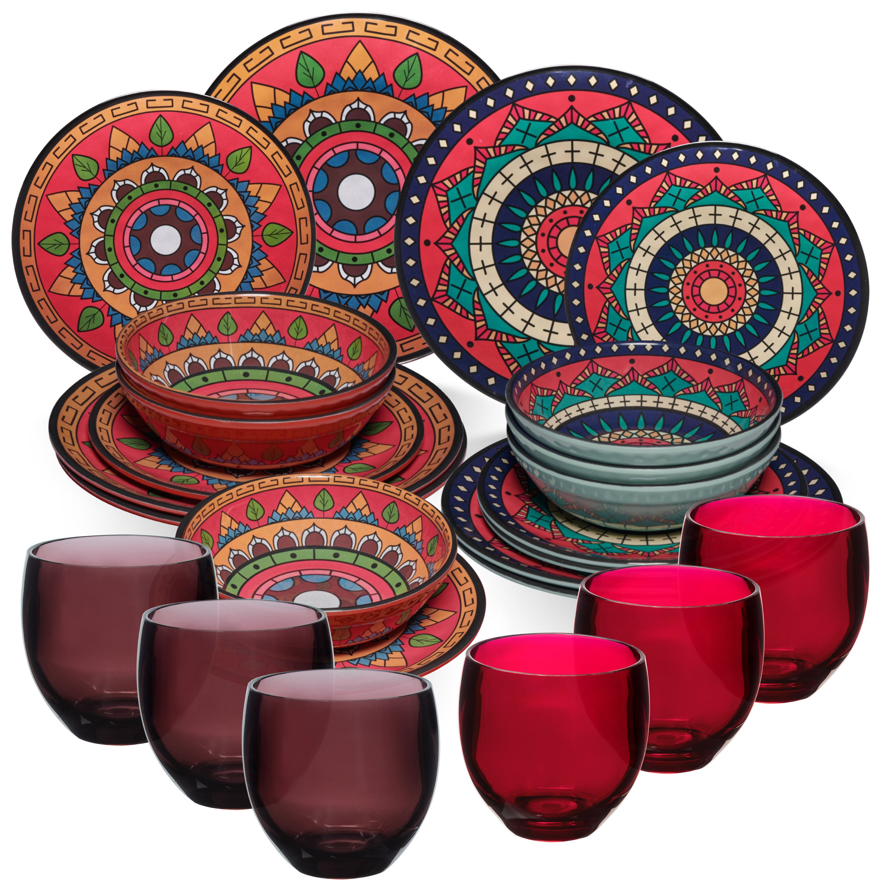 Image of Deep Camping Dishware For 6 People - 24pcs - Mandala Optics With Color-matching 400 Ml Drinking Glasses Accessories Camping Dishware Camping Festival Picnic Garden Party