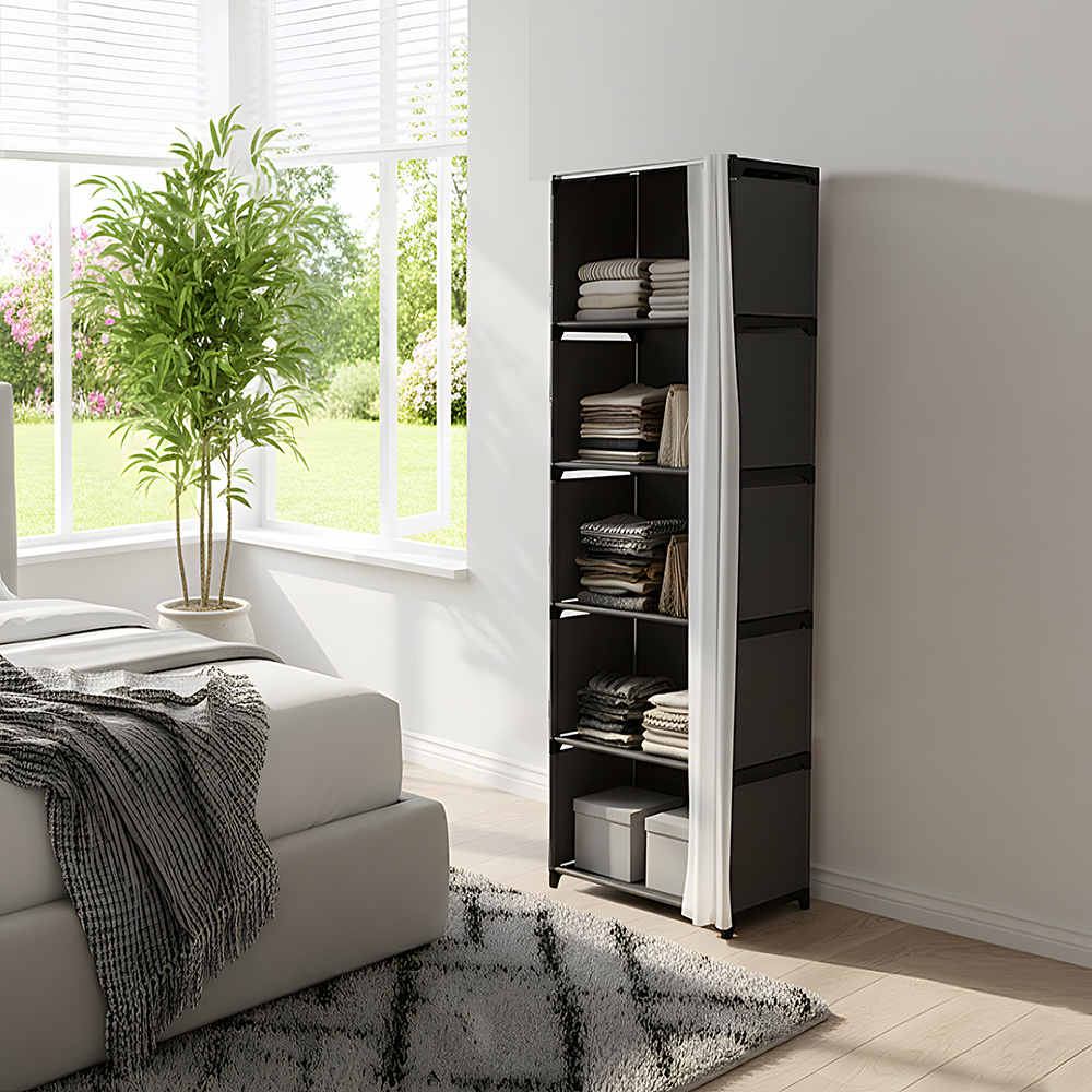 TEMU Folding Dustproof Wardrobe Bedroom Cabinet Home Furniture Clothes Storage Shelf, 5-tier Shelves Clothes Wardrobe, Portable Closet With Curtain