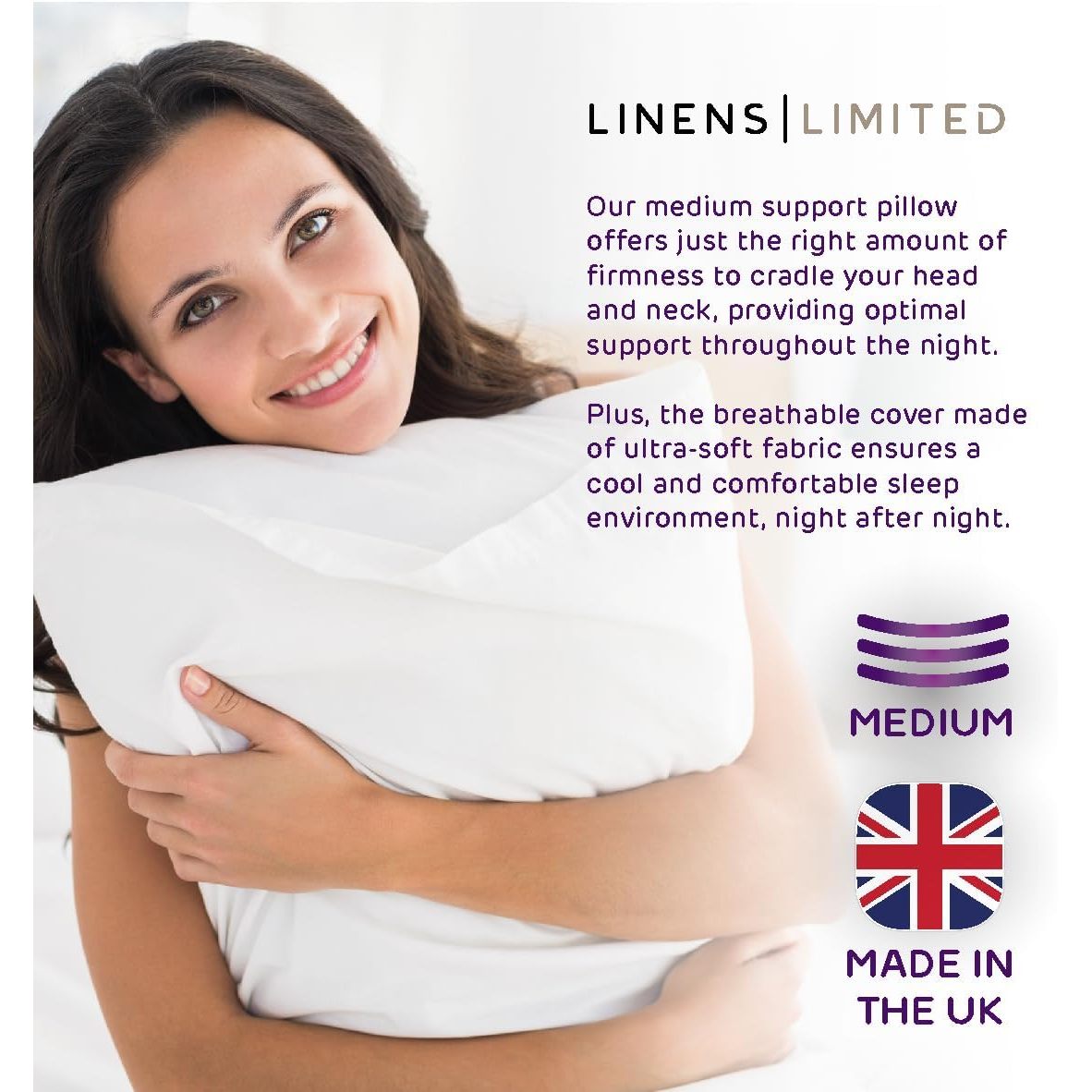 Soft Firm Orthopedic Support Pillow, Hypoallergenic Hollowfibre Bed Pillow, Made in the UK, Machine Washable White