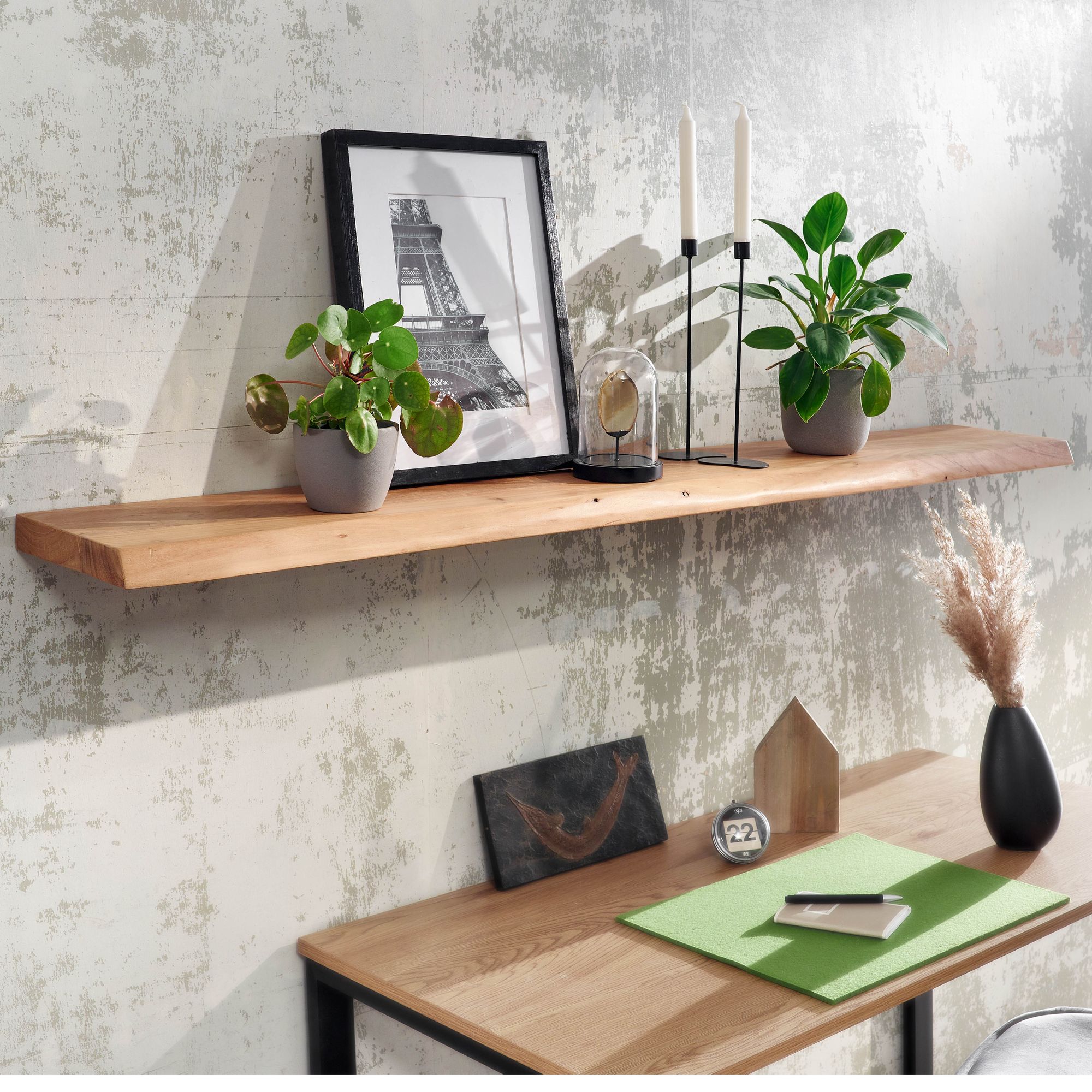 Image of Wall Shelf With Acacia Solid Wood Edge, Floating Wall Board Design, Wooden Shelf Natural, Country House Style Hanging Shelf