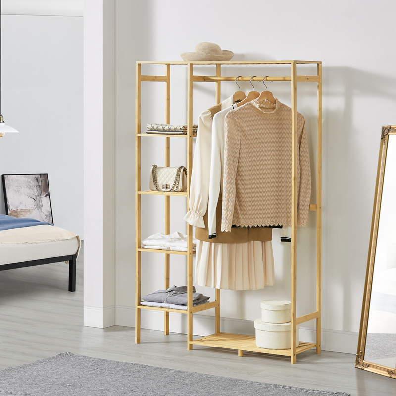 Image of Eurajoki Wardrobe Rack 139x100x40 Cm, Coat Stand With Coat Rail, 4 Storage Compartments, 2 Shelves, Open Wardrobe, Natural Bamboo