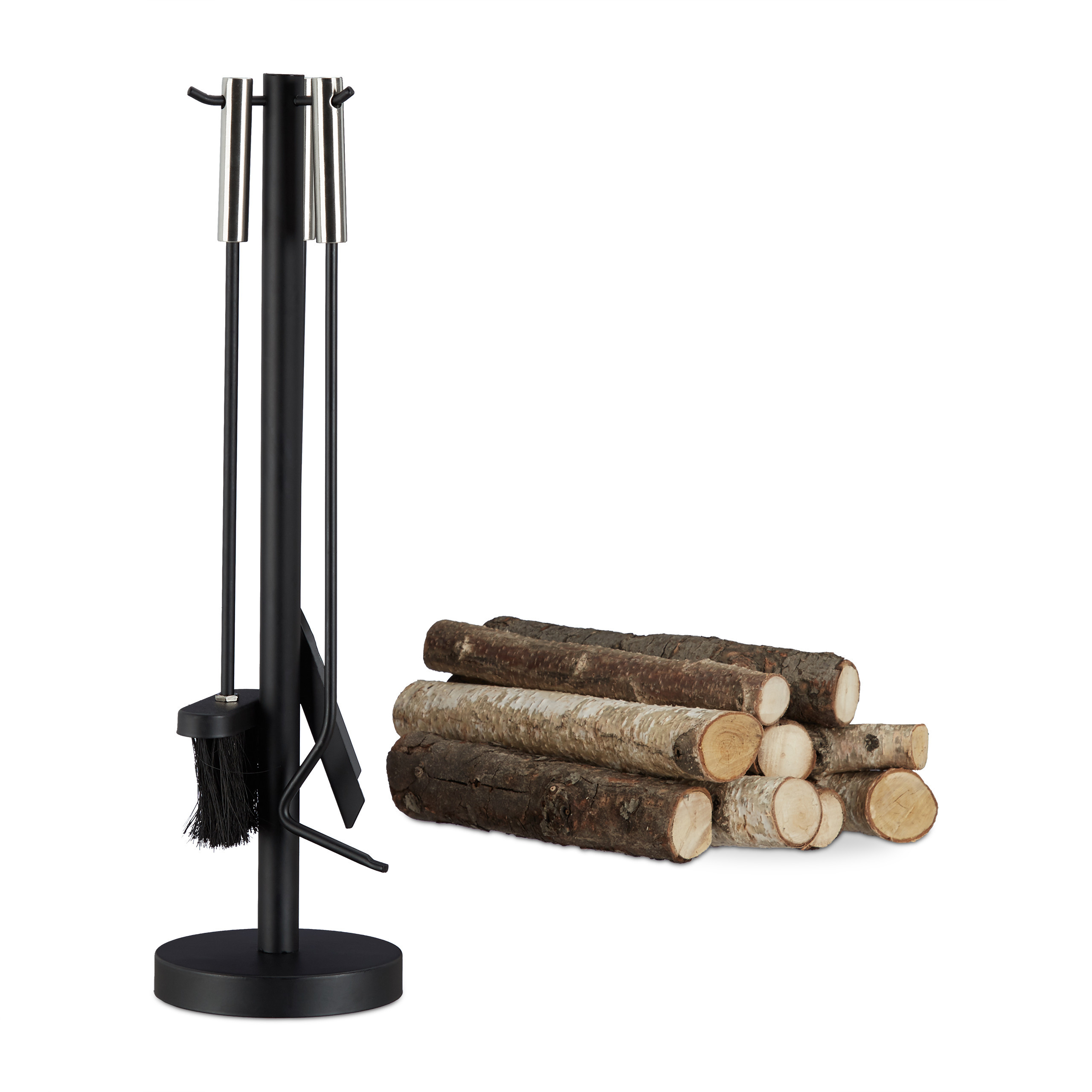 TEMU Set attrezzi per moderno, 4 pezzi, acciaio e acciaio , , supporto 57 x 15 x 15 cm, attizzatoio 47 cm, paletta raccoglicenere e scopino da 46 cm,