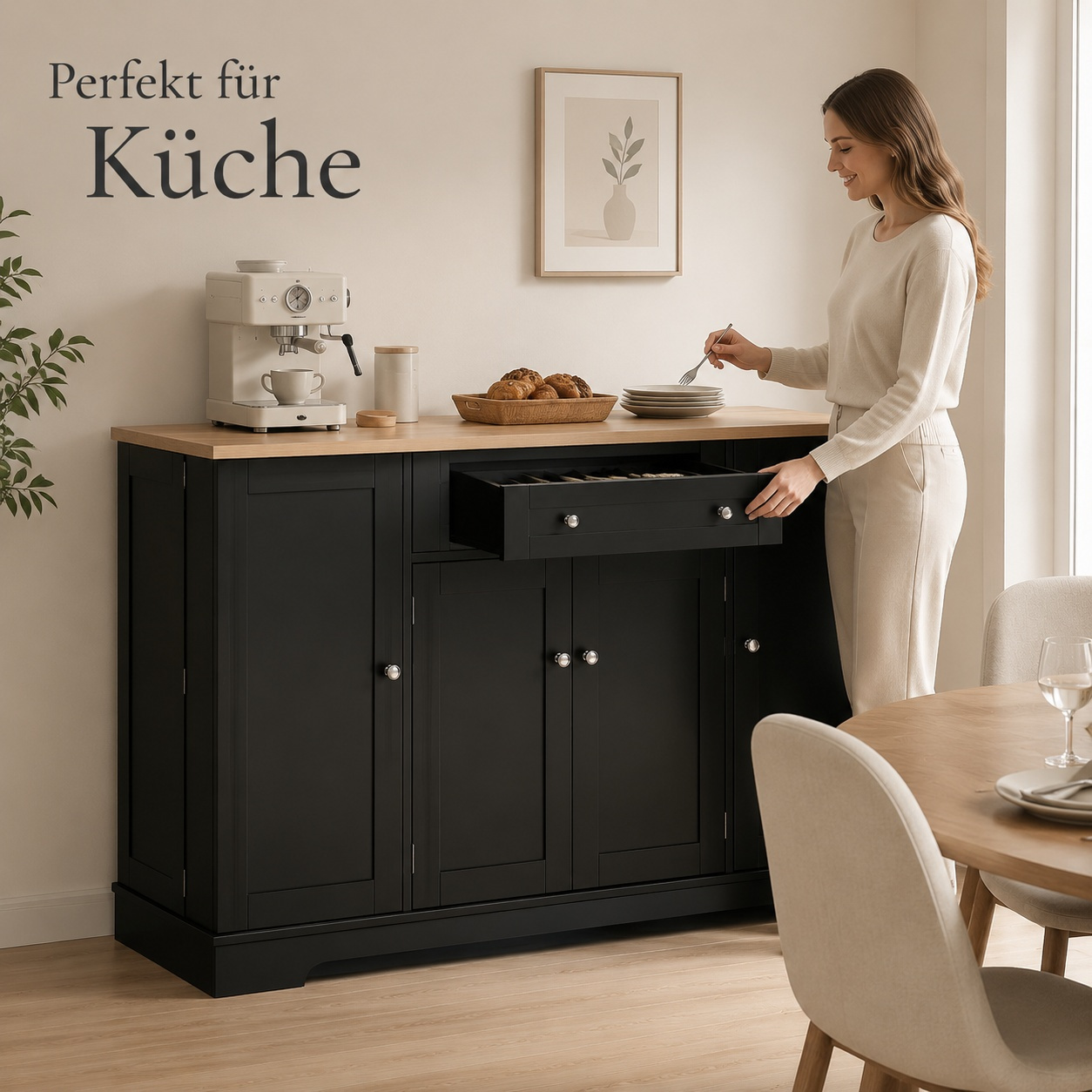 Image of Kitchen Sideboard 138 With Wooden Worktop, Sideboard With Large Storage Space For Kitchen Dining Room Living Room 138*40*85cm