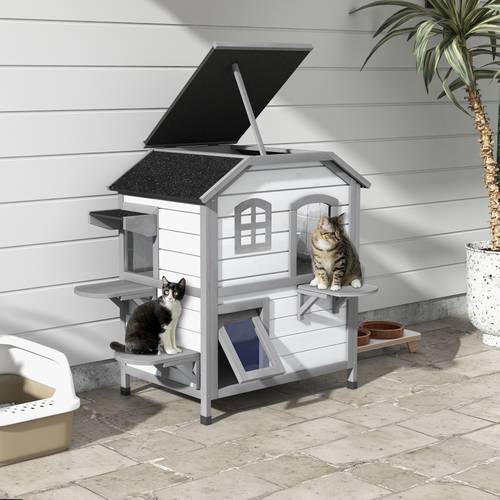 casa de gato con techo de , de gato exterior con escaleras, villa de gato de 2 plantas, impermeable, jardín, madera de , 78 x 55,5 x 91 cm