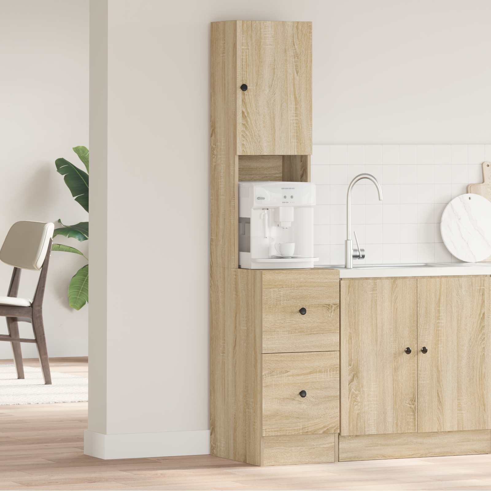 Image of Beige Kitchen Cabinet 35 X 50 X 180 Cm Wood Material, Stylish Kitchen Storage, Rectangular Cabinet Design, Long-lasting Wooden Furniture Piece With Shelves