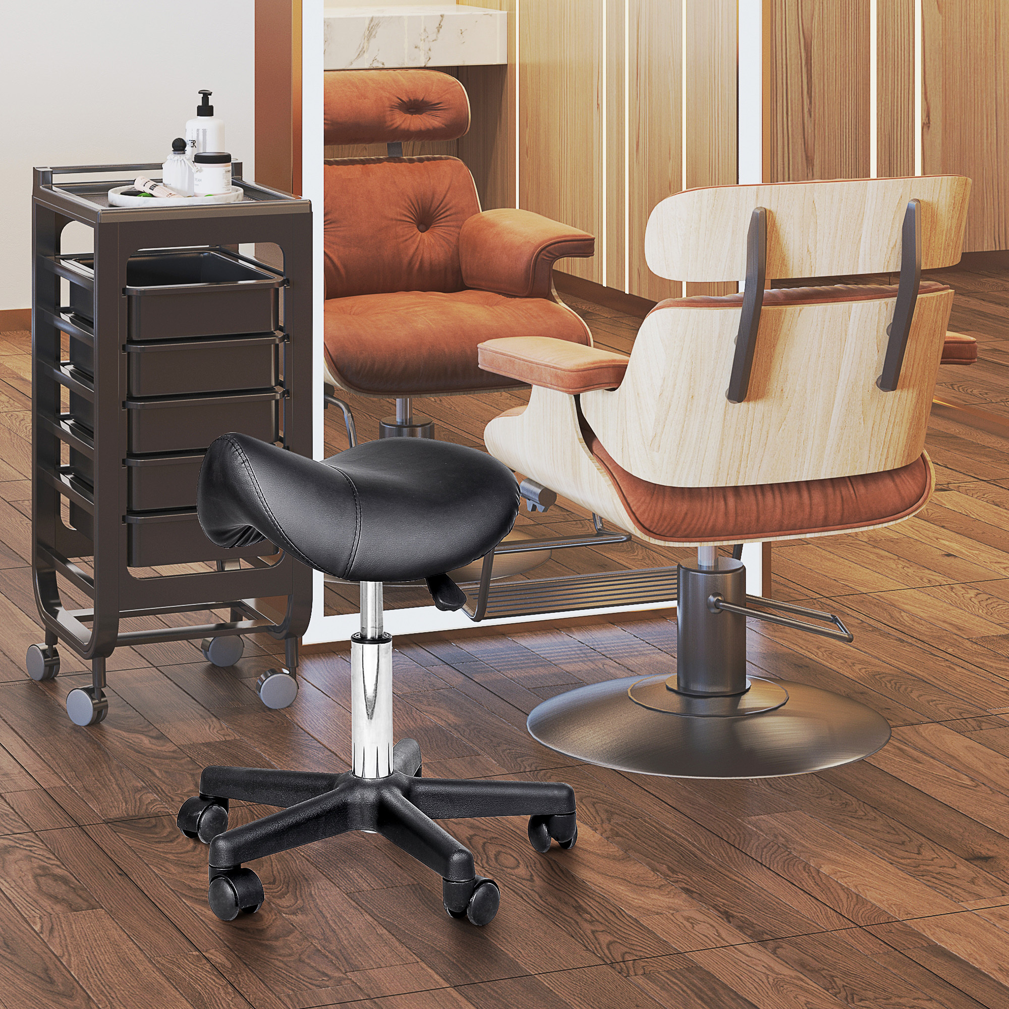 Height-adjustable Swivel Stool With Wheels, Rotating Salon Chair, Seat Stool, Salon Stool, Artificial Leather Black 35 X 38 -55h Cm