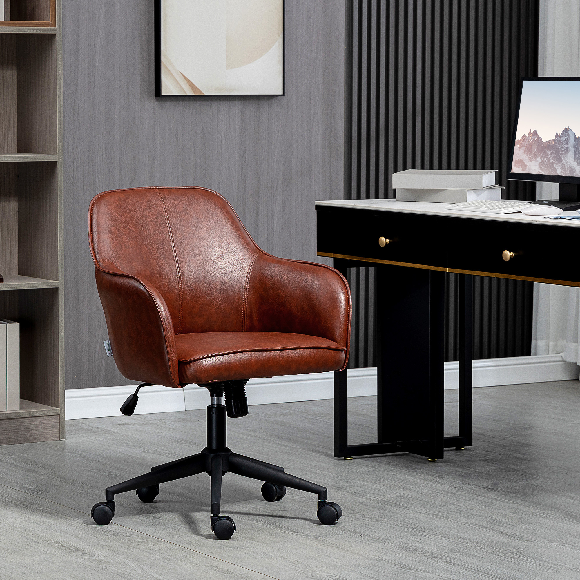 Office Chair With Tilt Function, Casters, Desk Chair With Artificial Leather Look, 83-91 Cm Height Adjustable Swivel Chair For Living Room, Loadable Up To 120 Kg, Brown