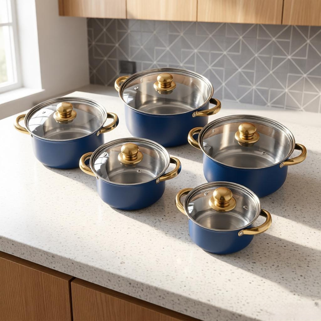 TEMU 5 Sets Stainless Steel Kitchen Cookware Set, Soup Pots And Milk Pan With Gold-plated Handles, Suitable For Boiling, And Everyday Cooking, Blue