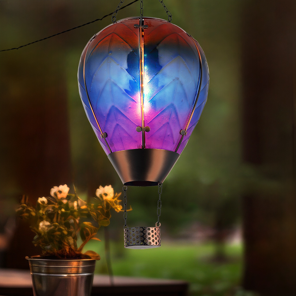 Image of Solar Hanging Lamp Hot Air Balloon Outdoor Light With Colorful Fire Effect, Balcony Lamp, Metal Glass, 24x 0.5w Warm White, Dxh 25x58 Cm