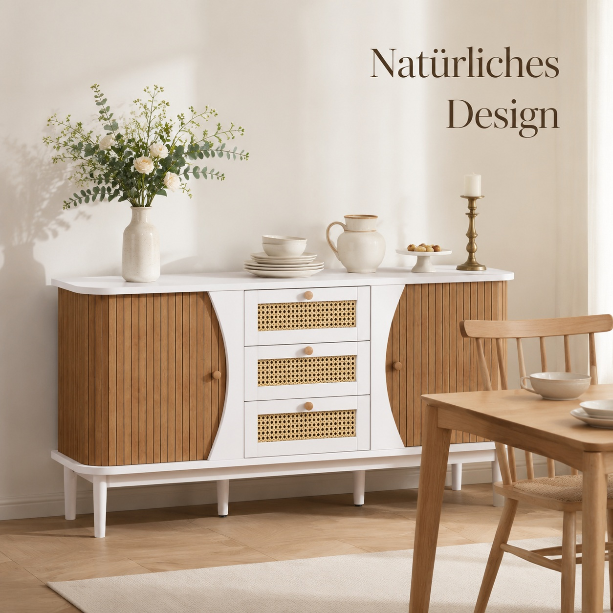 Image of Nordic Rattan Sideboard Dresser, White & Wood-colored Storage Cabinet With 3 Drawers & 2 Doors For Dining Room, Living Room, Hallway, 140.5 L X 40 W X 76 H