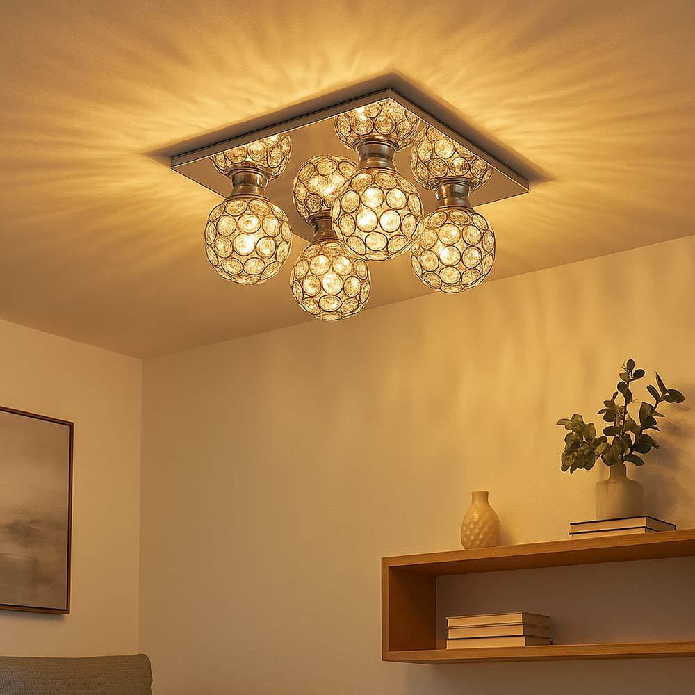 Ceiling Light With Crystal Shades, Chrome Finish, Modern Crystal Ceiling Lamp, Metal, 4-light G9 Sockets, Dimensions Lxwxh 23x23x13.2 Cm