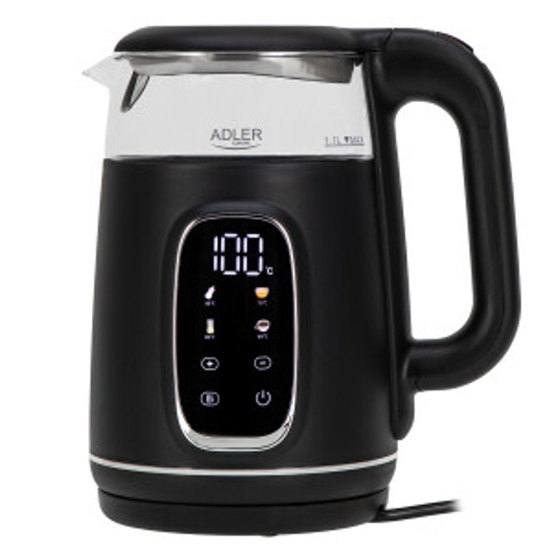 Adler Glass Electric Kettle, Led Display, Temperature Control, 1.7l Black/silver 2200w Ad 1305bs