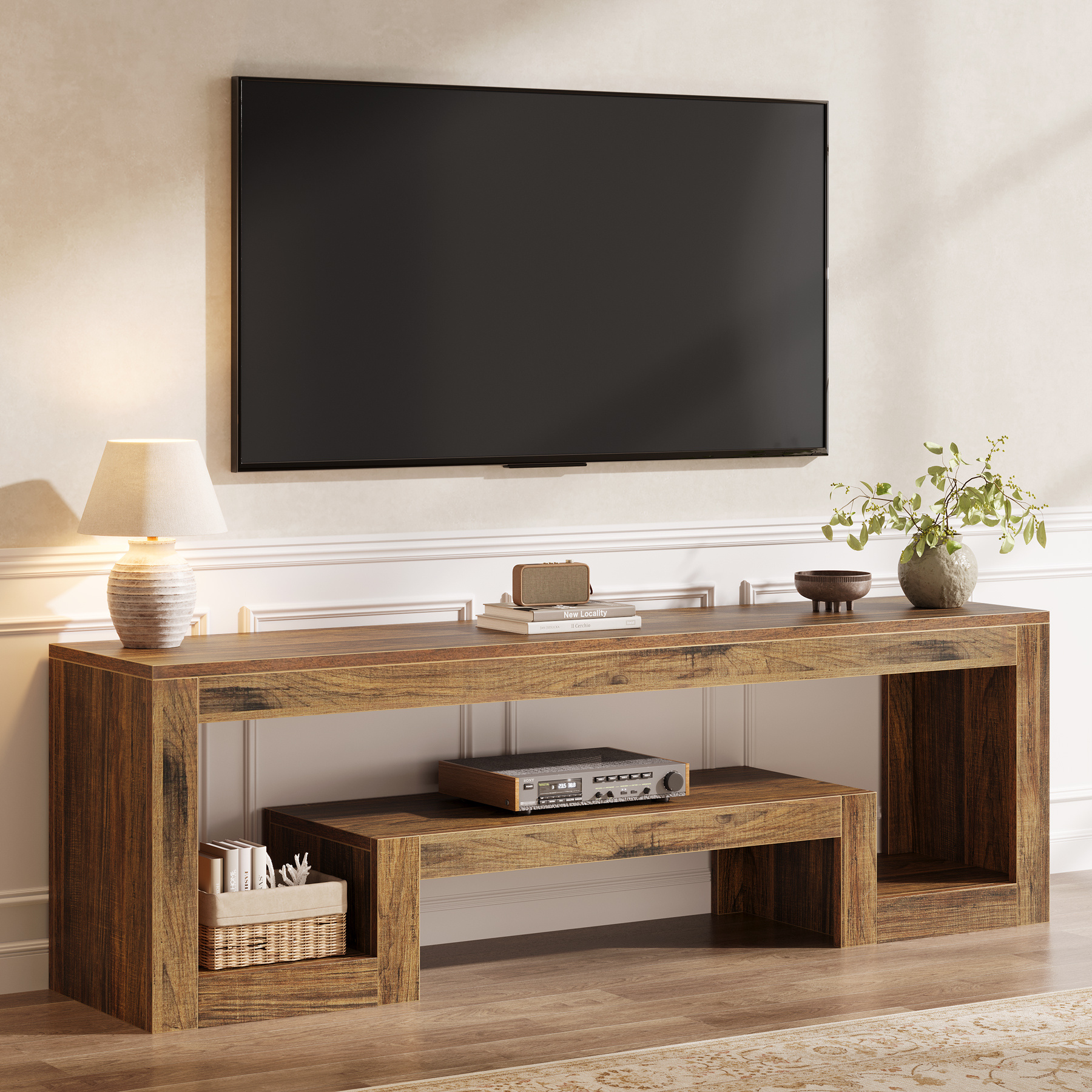160cm Tv Cabinet For 55/60/65 Inch Screens, Lowboard Entertainment Unit With Open Shelves For Living Room Dining Room Bedroom In Brown.
