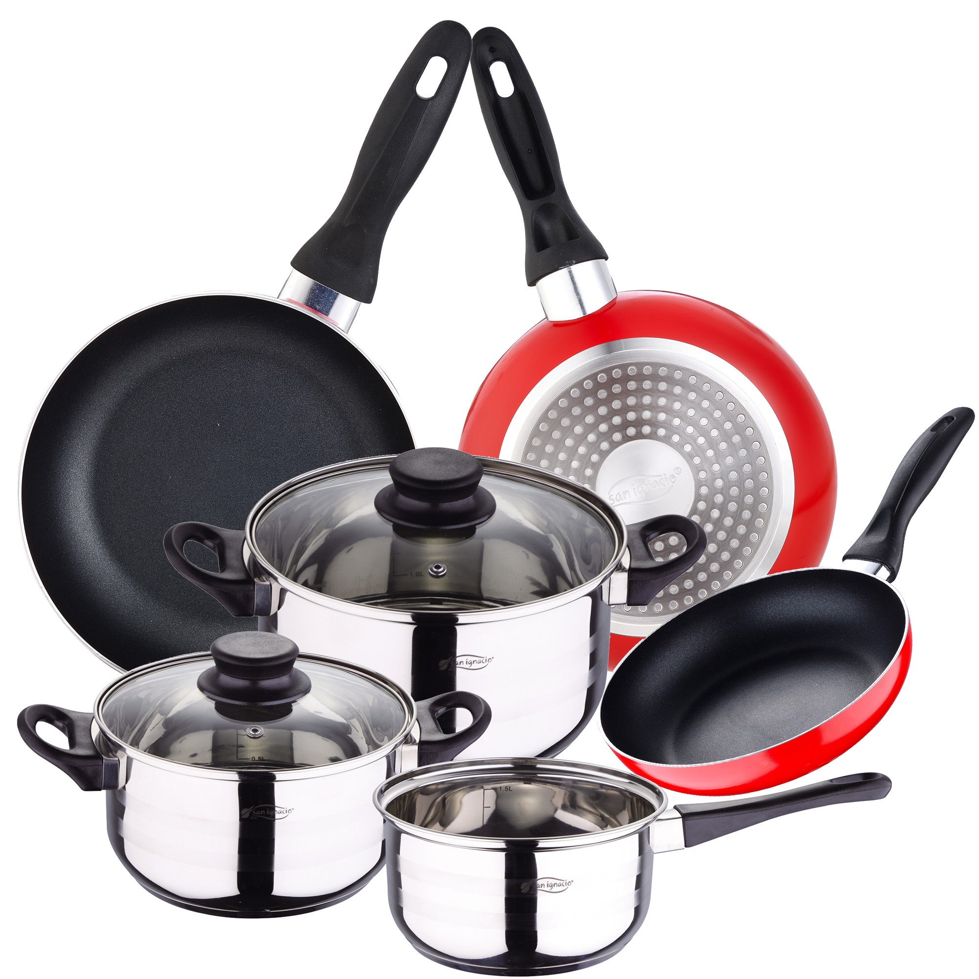 5pcs Stainless Steel Kitchen Battery And 3pcs 16/20/24 Red Aluminum Pressed Induction Frying Pan Set