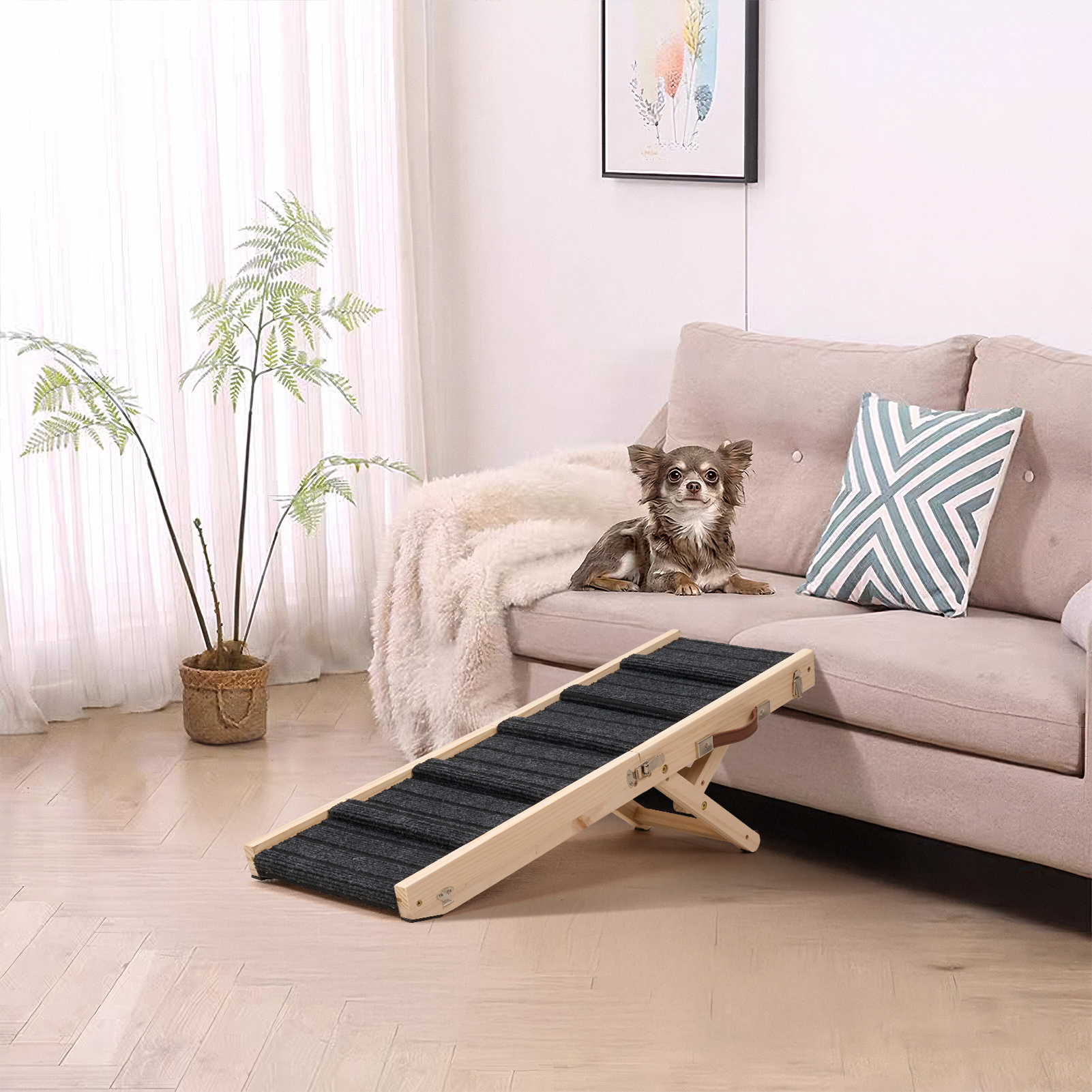 TEMU Dog Ramp For Bed, 4 Height Adjustable Portable Folding Pet Ramp For Small Medium Dogs, Wooden Dog Climbing Ladder With Non-slip Mat For Sofa,