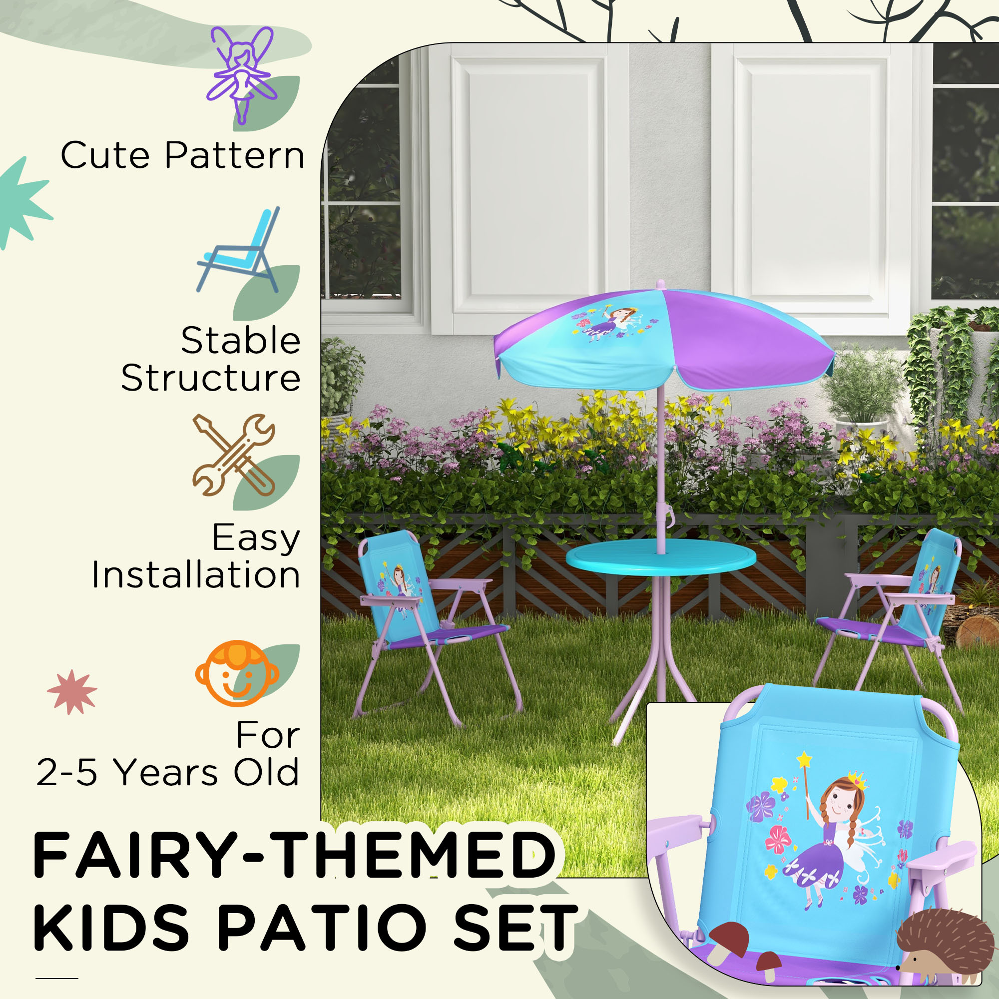 Kids Bistro Set - Childrens Table and Chairs - Garden Furniture Fairy Themed 